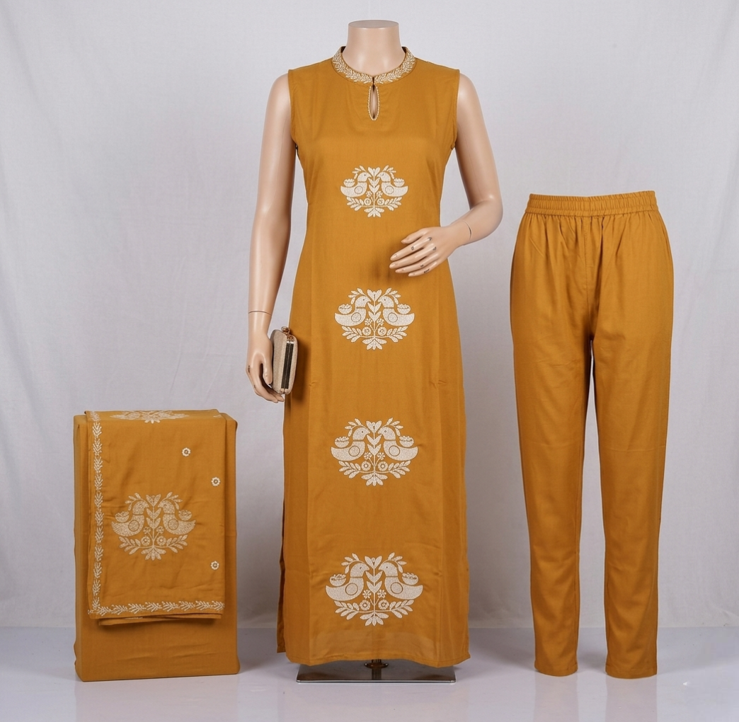 Mustard Yellow Sleeveless Kurta Set with Embroidered Neckline & Matching Dupatta