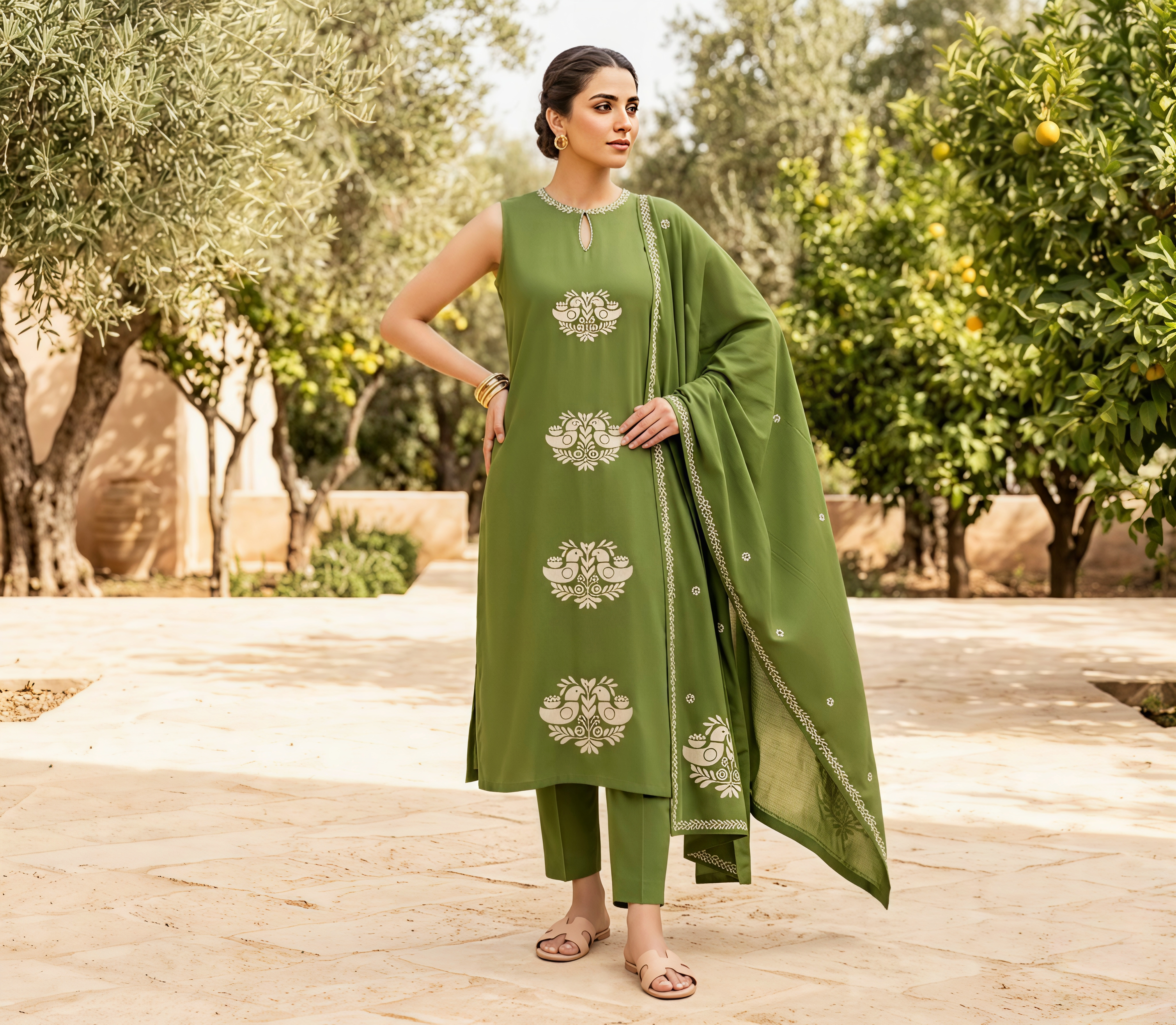 Sage Green Halter-Neck Embroidered Kurta Set with Dupatta