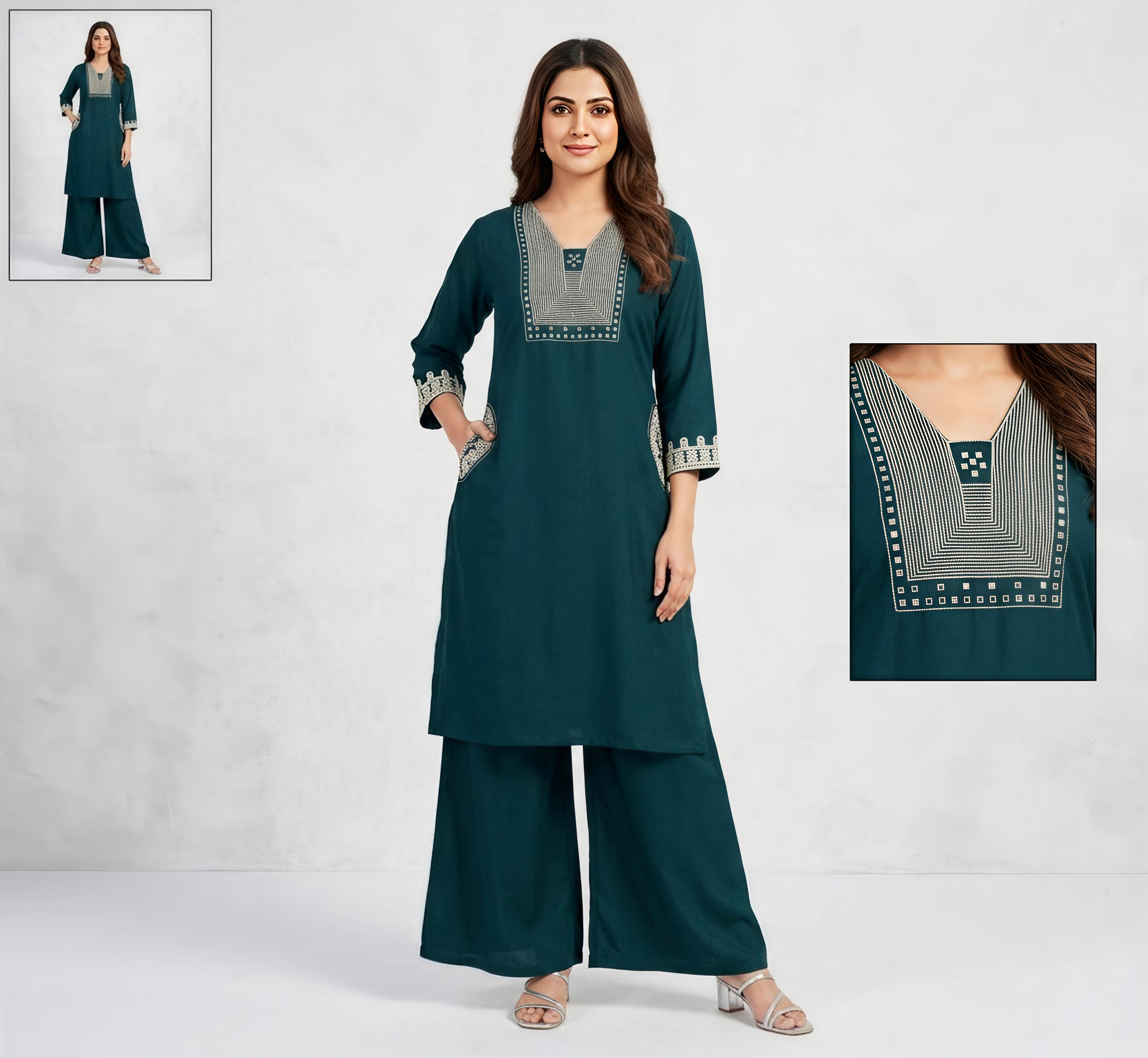 Women’s Teal Green cotton Kurta and Palazzo Set with Geometric Embroidery