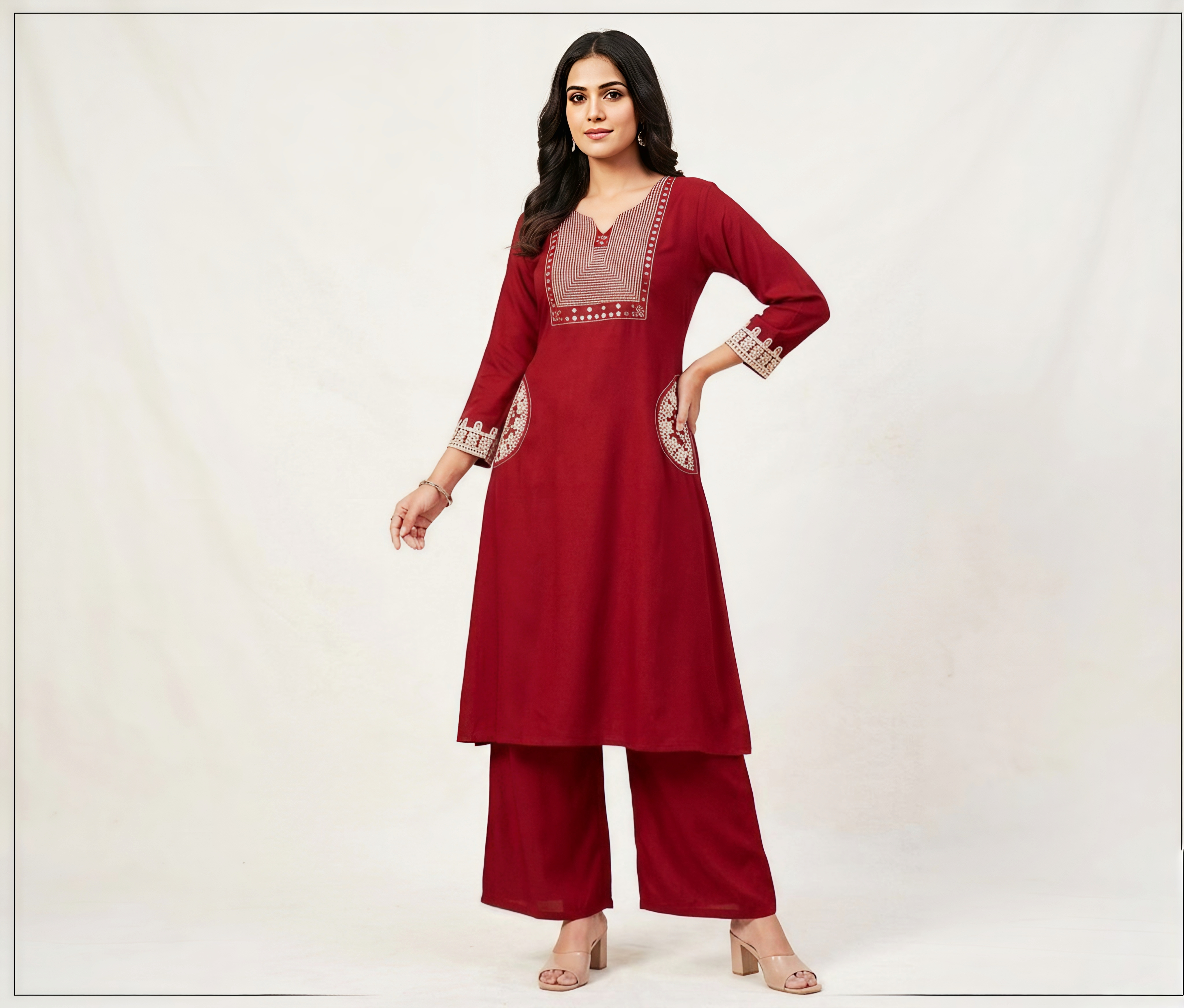 Maroon Embroidered A-Line Kurti with Palazzo Pants – 2 Piece Ethnic Set