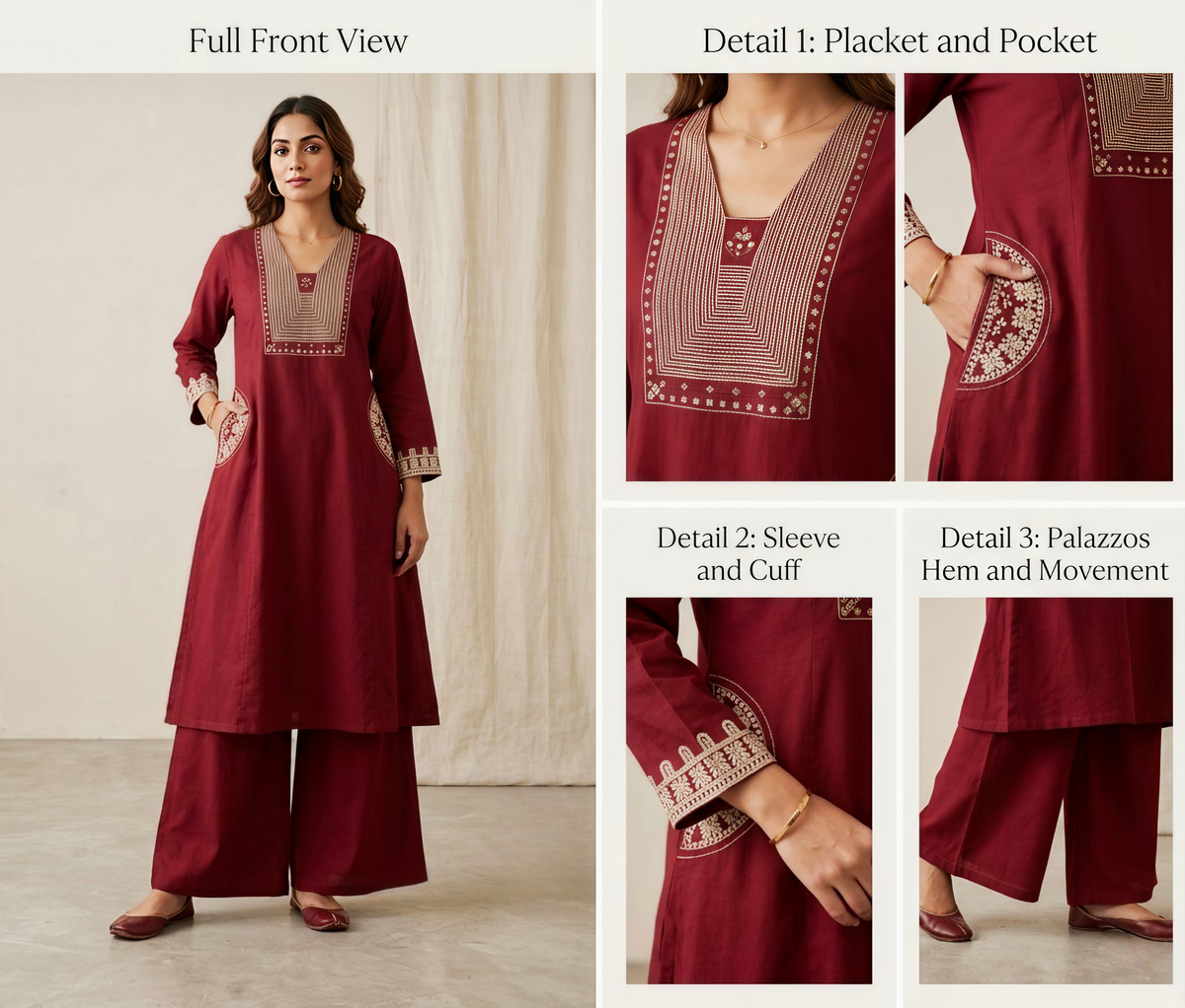 Maroon Embroidered A-Line Kurti with Palazzo Pants – 2 Piece Ethnic Set