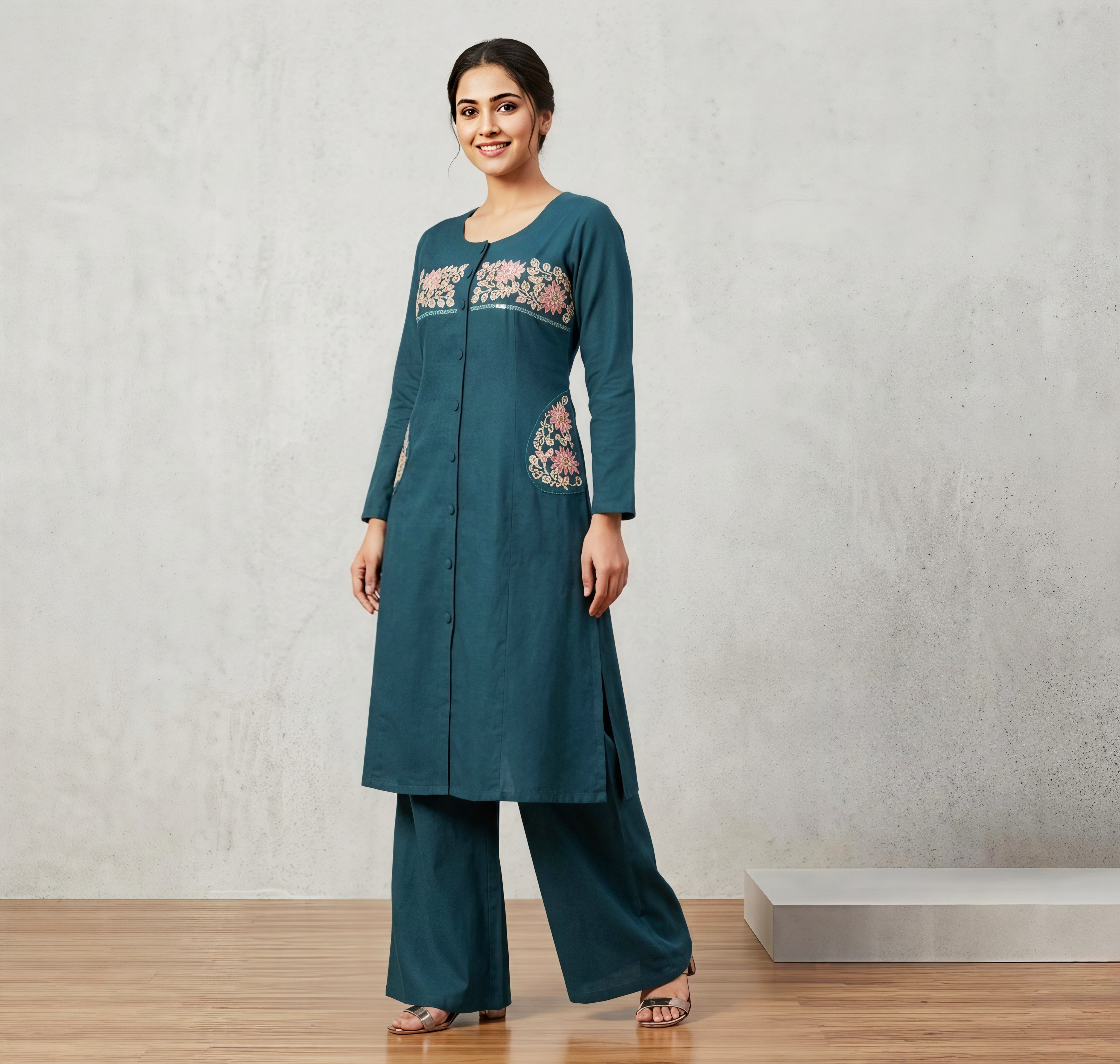 Stunning Bliss Teal Embroidered A-Line Kurti with Wide-Leg Palazzos