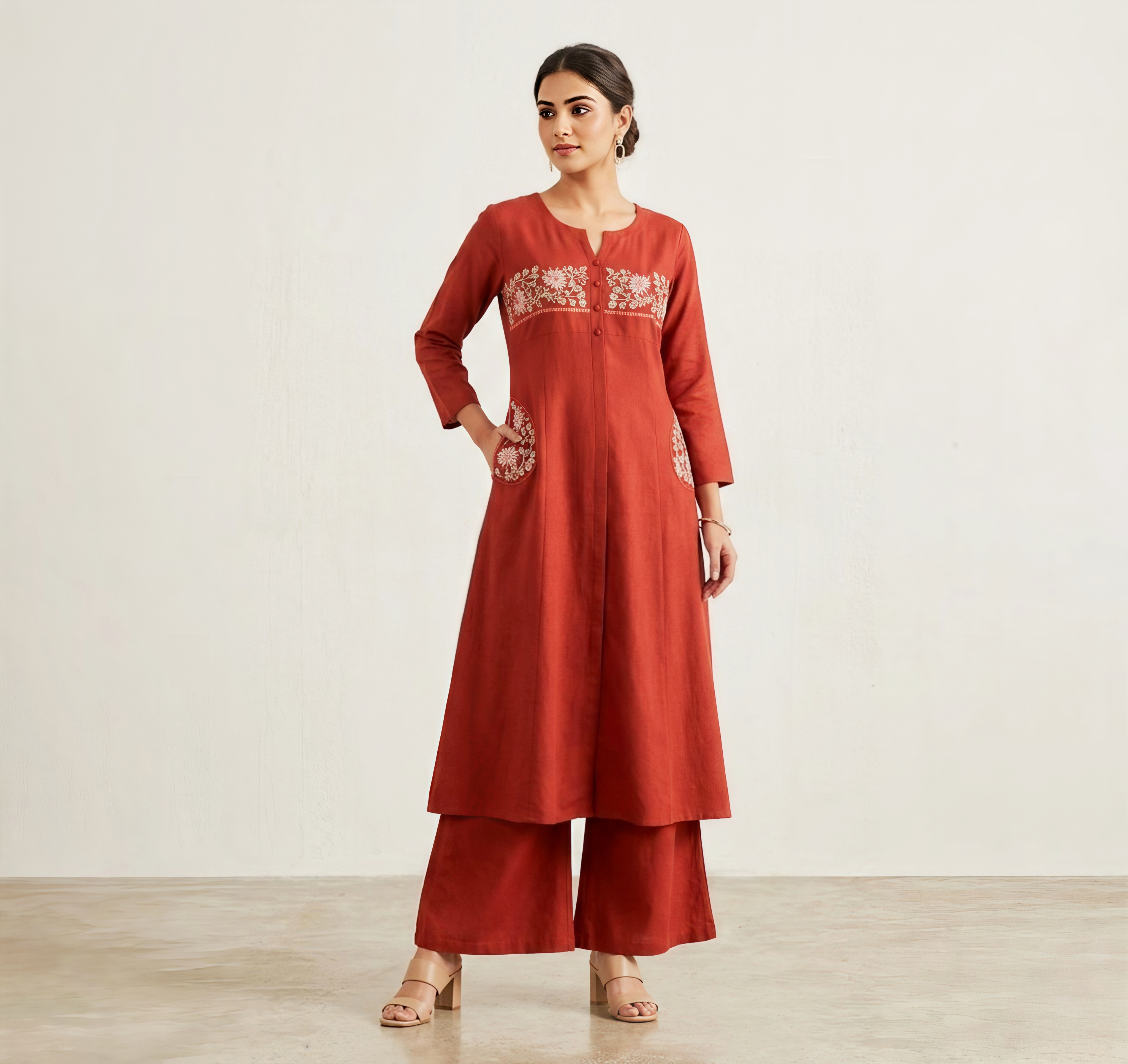 Rust Terracotta/fanta orange Embroidered A-Line Kurti with Palazzo Pant Set - 2 Piece