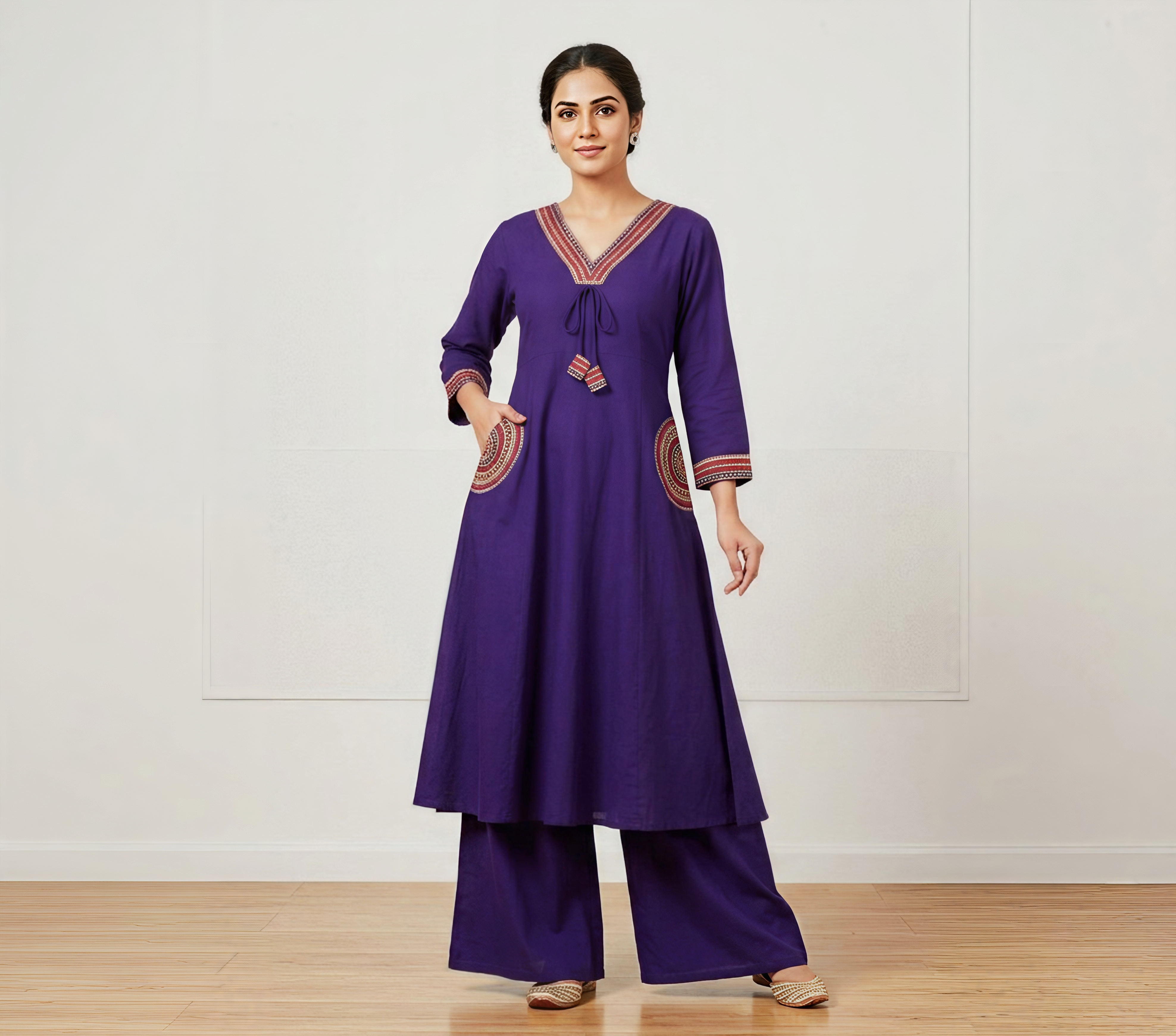 Royal Purple Embroidered A-Line Kurta with Wide-Leg Palazzo Set