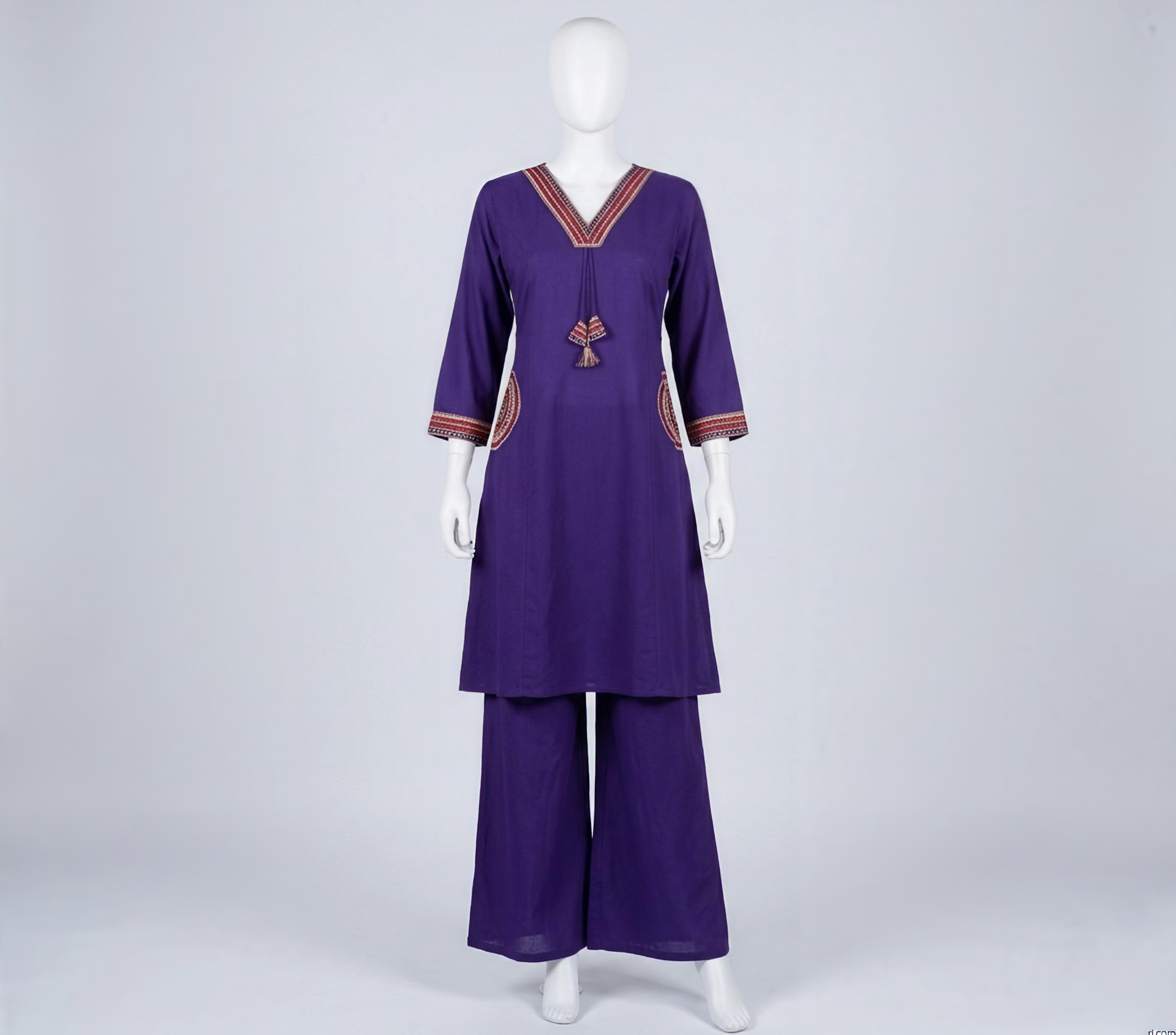 Royal Purple Embroidered A-Line Kurta with Wide-Leg Palazzo Set