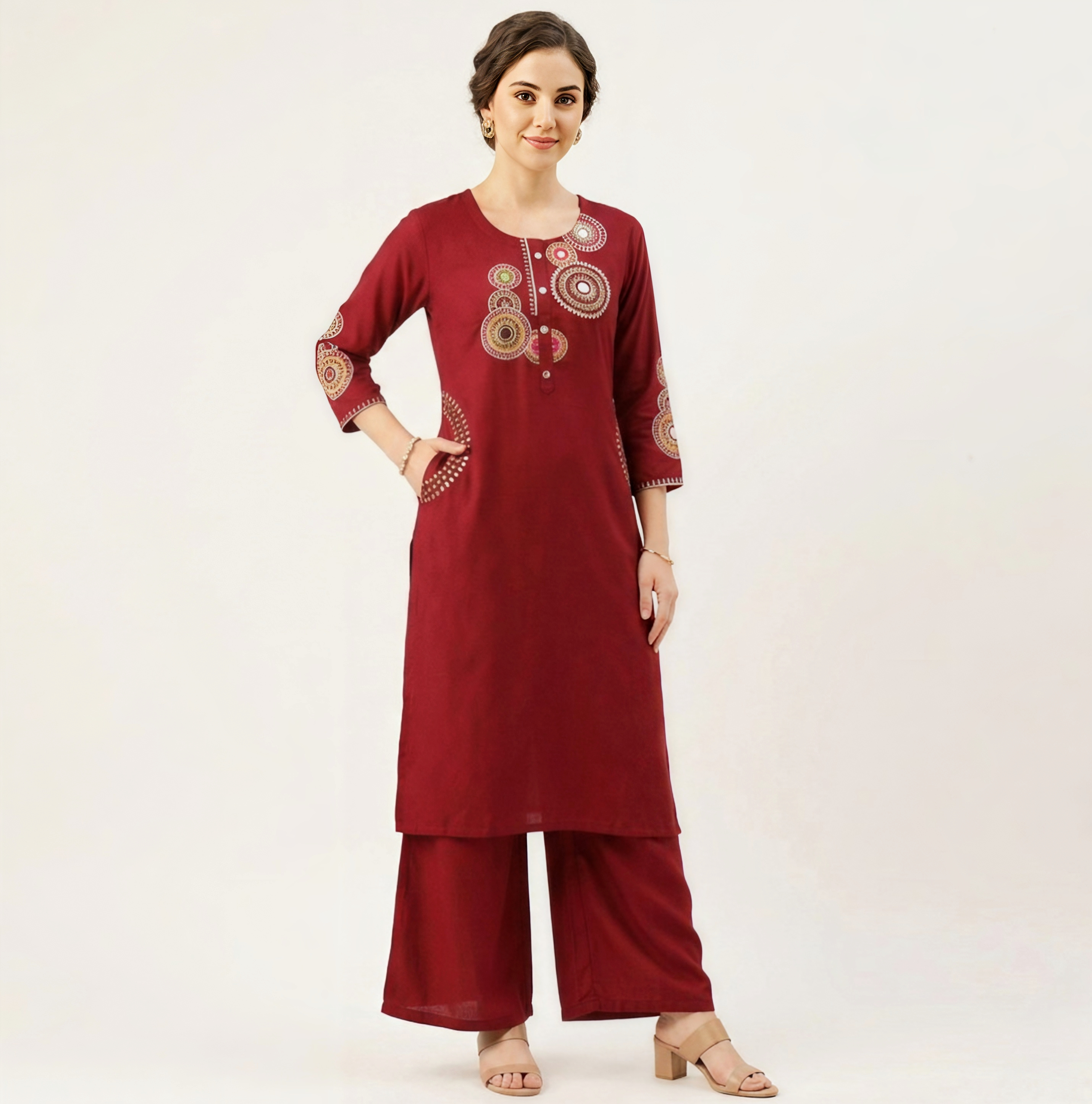 Maroon Mandala Embroidered Kurti Set with Pockets