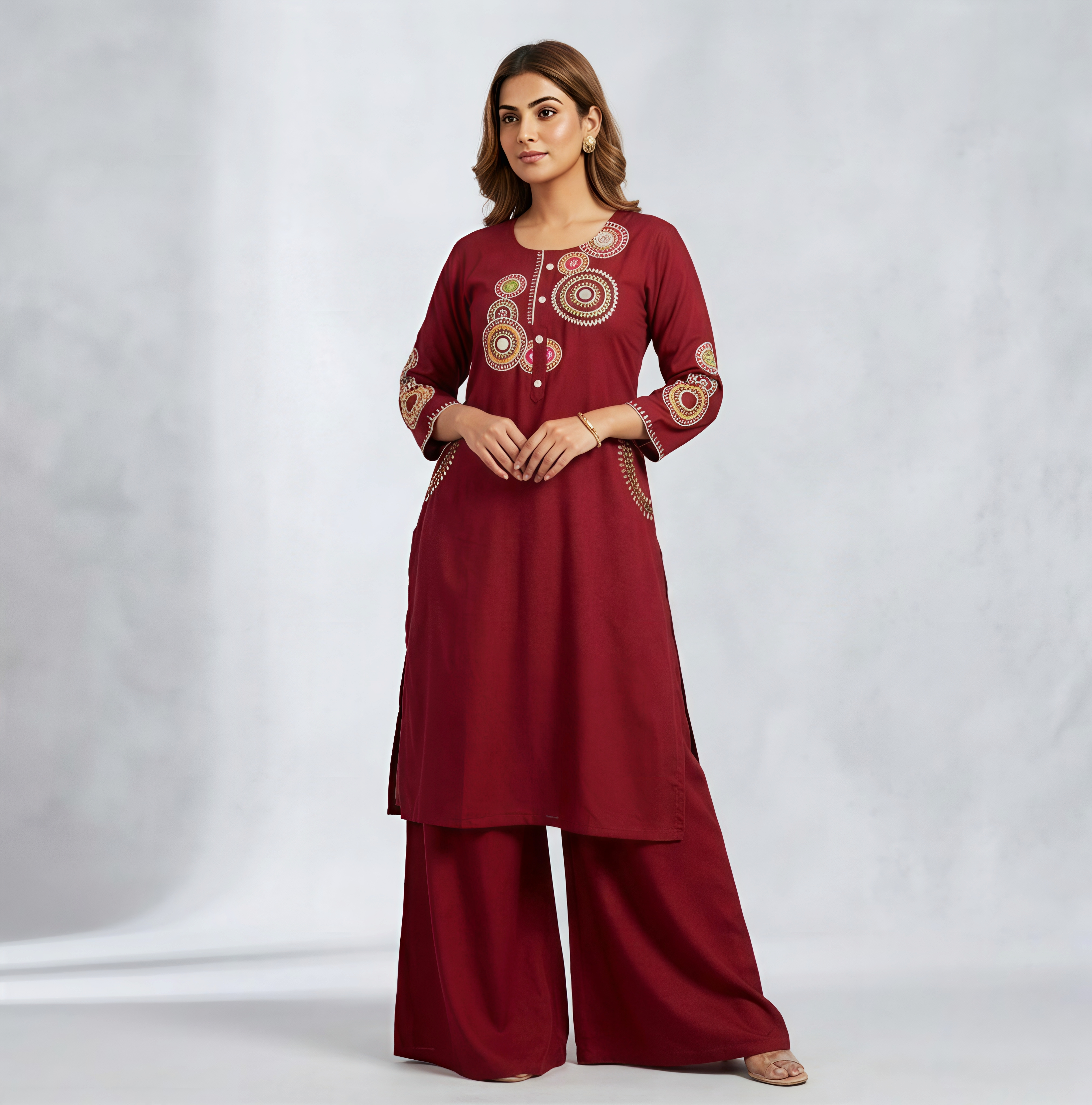 Maroon Mandala Embroidered Kurti Set with Pockets