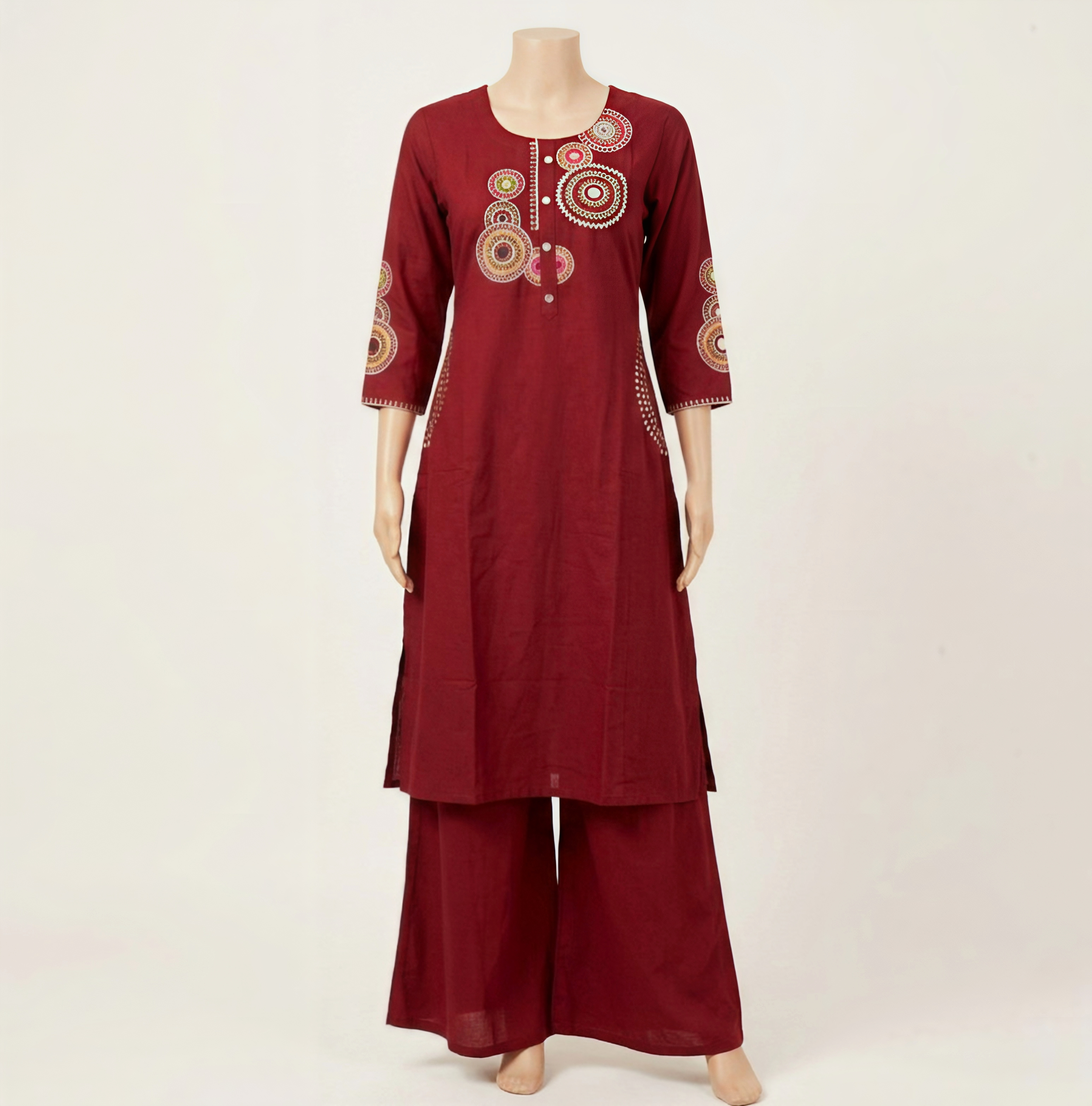 Maroon Mandala Embroidered Kurti Set with Pockets