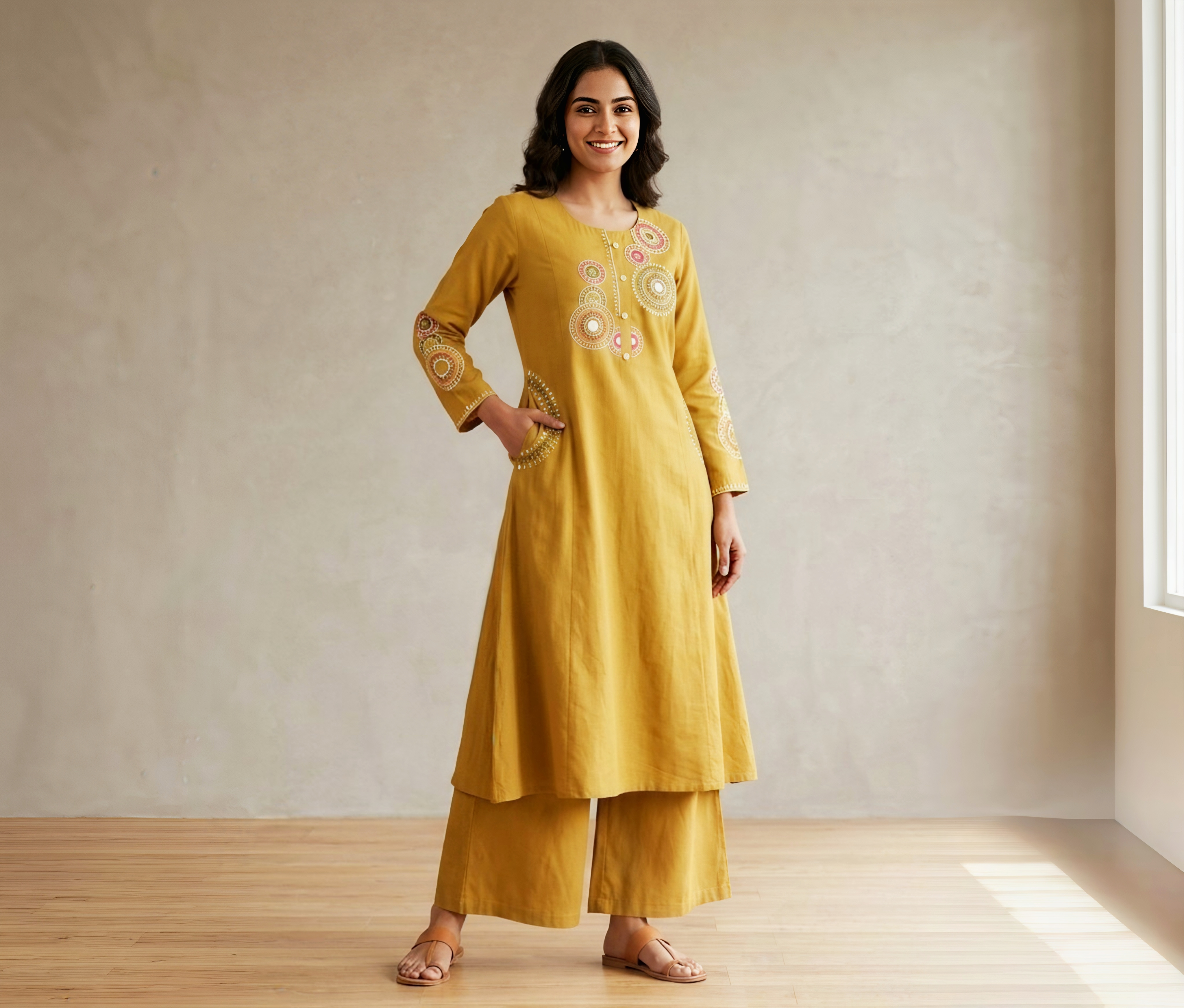 Mustard Yellow/Rust Embroidered A-Line Kurta with Palazzo Set