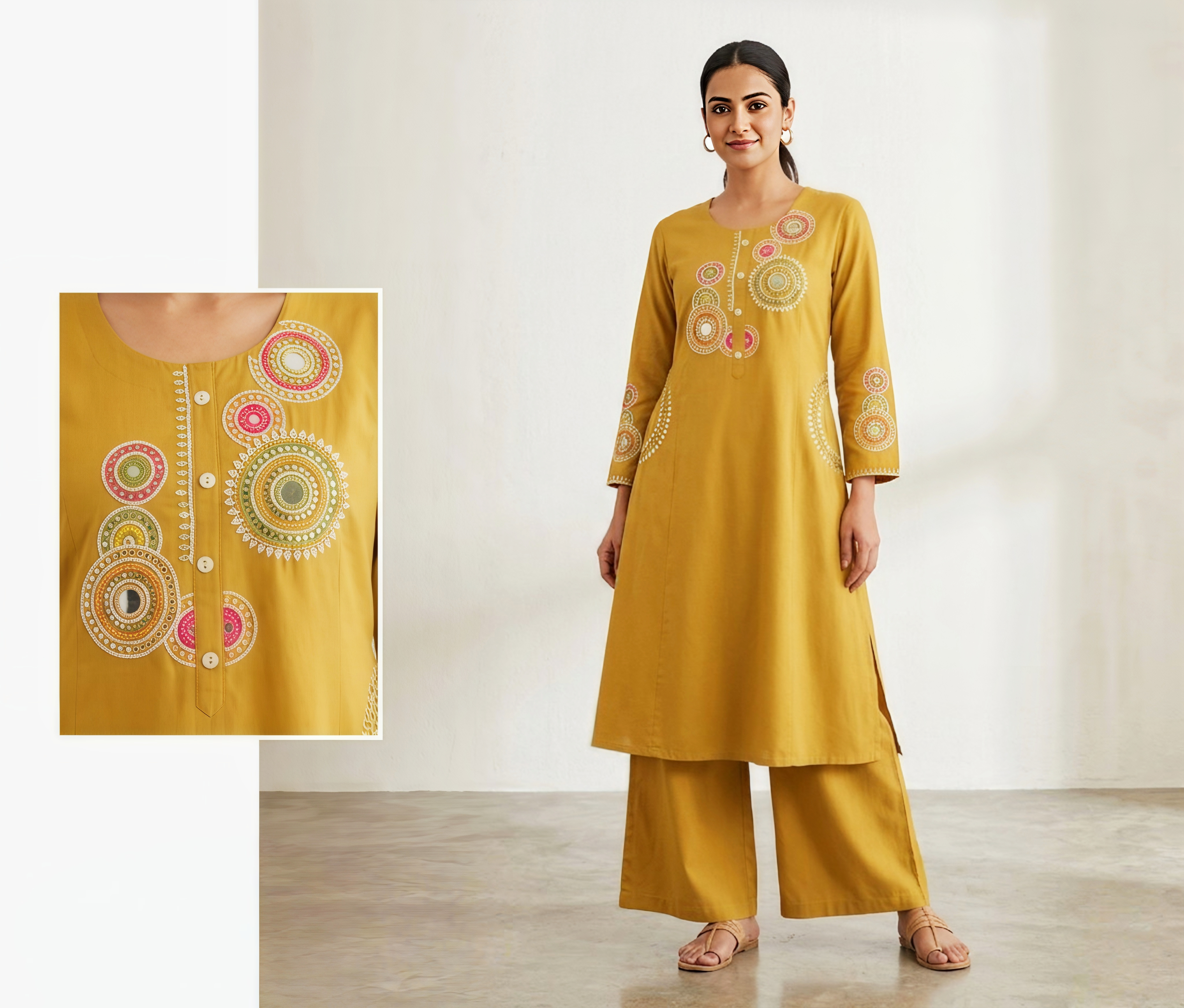 Mustard Yellow/Rust Embroidered A-Line Kurta with Palazzo Set