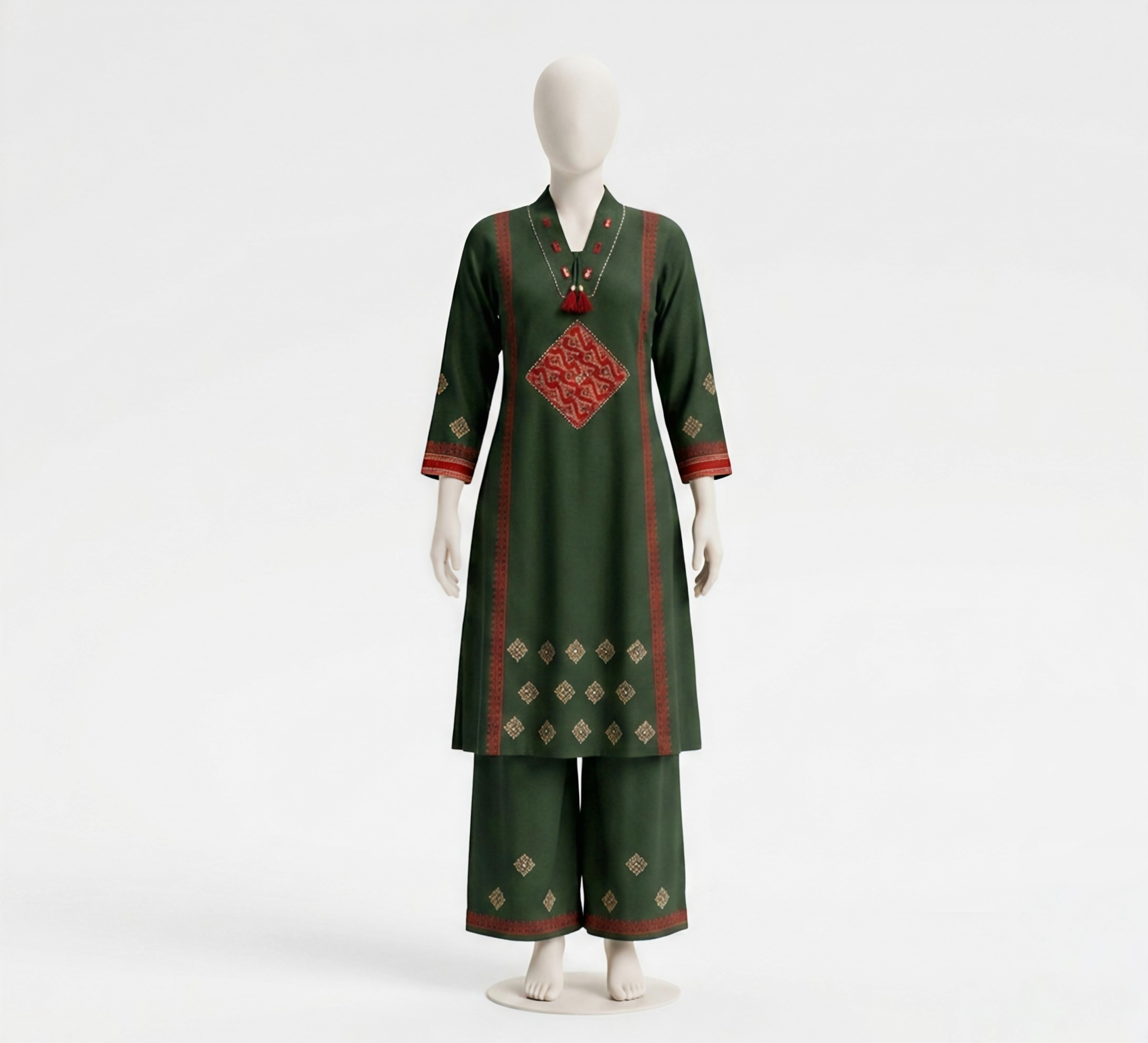 Women’s Olive Green Embroidered A-Line Kurta Set with Wide-Leg Palazzos