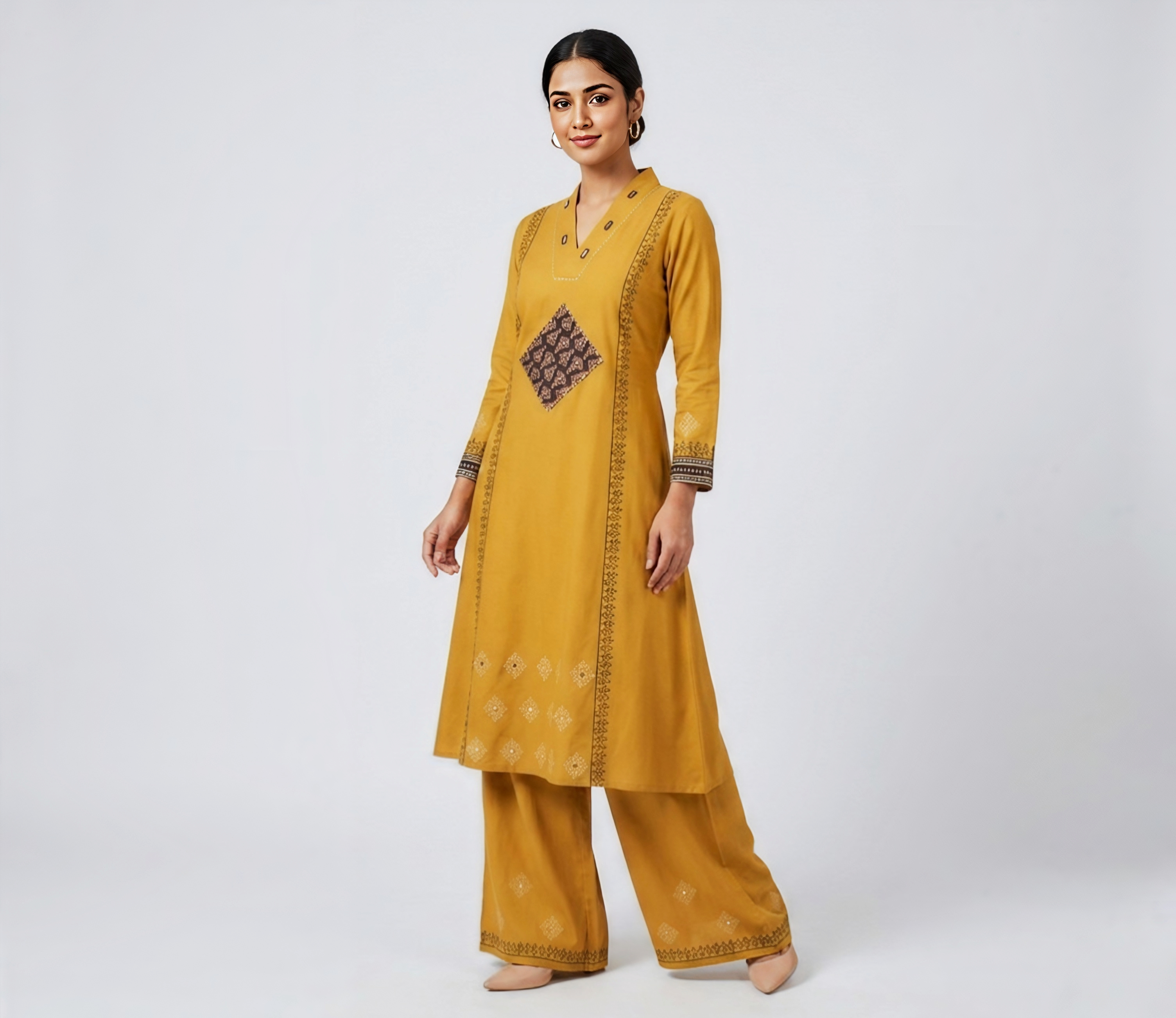 Elegant Mustard Yellow / Rust Printed A-Line Kurta with Wide-Leg Palazzos