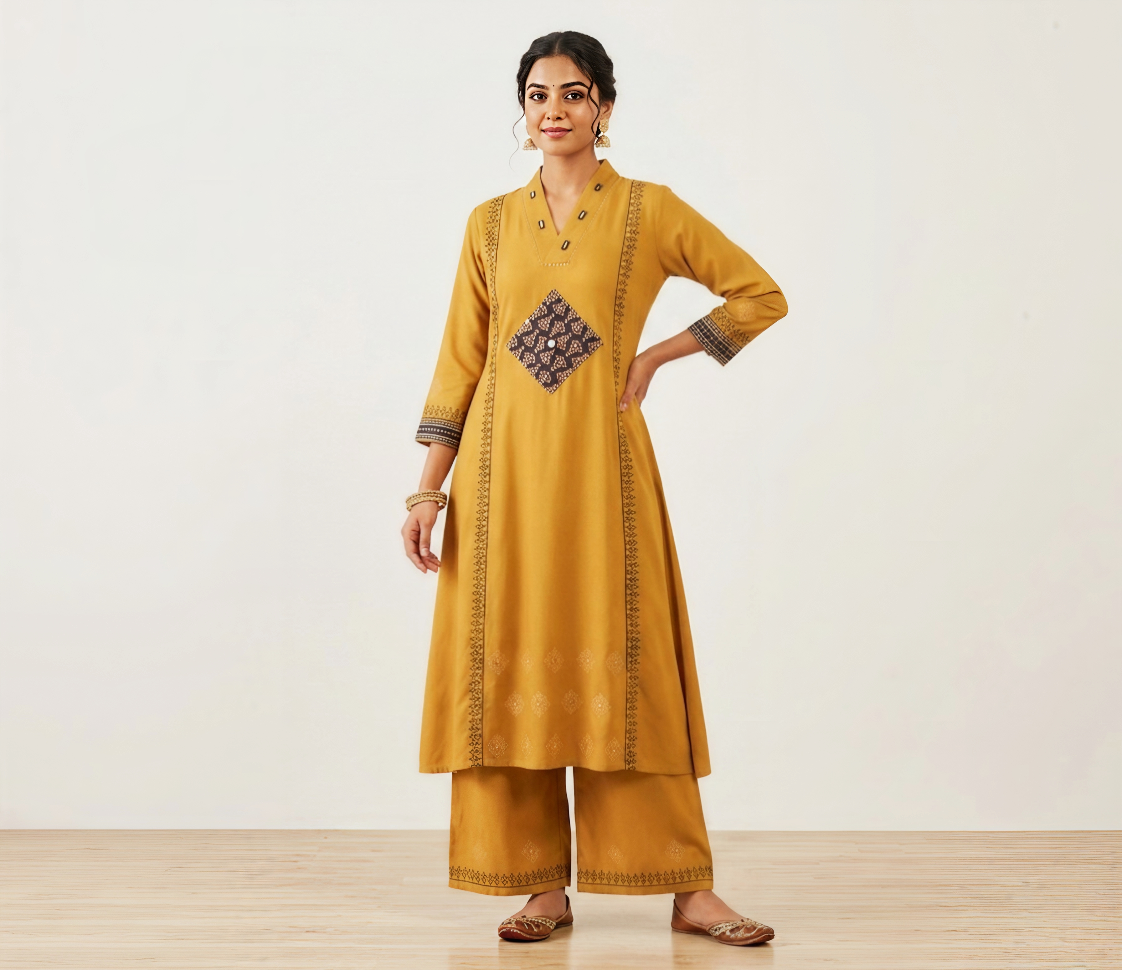Elegant Mustard Yellow / Rust Printed A-Line Kurta with Wide-Leg Palazzos