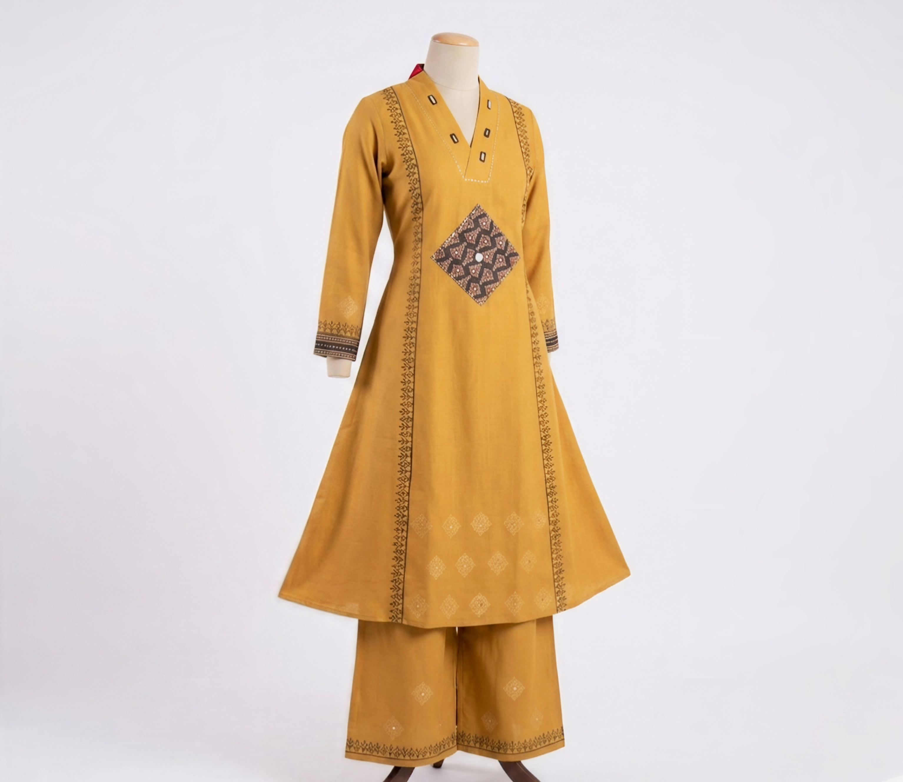 Elegant Mustard Yellow / Rust Printed A-Line Kurta with Wide-Leg Palazzos