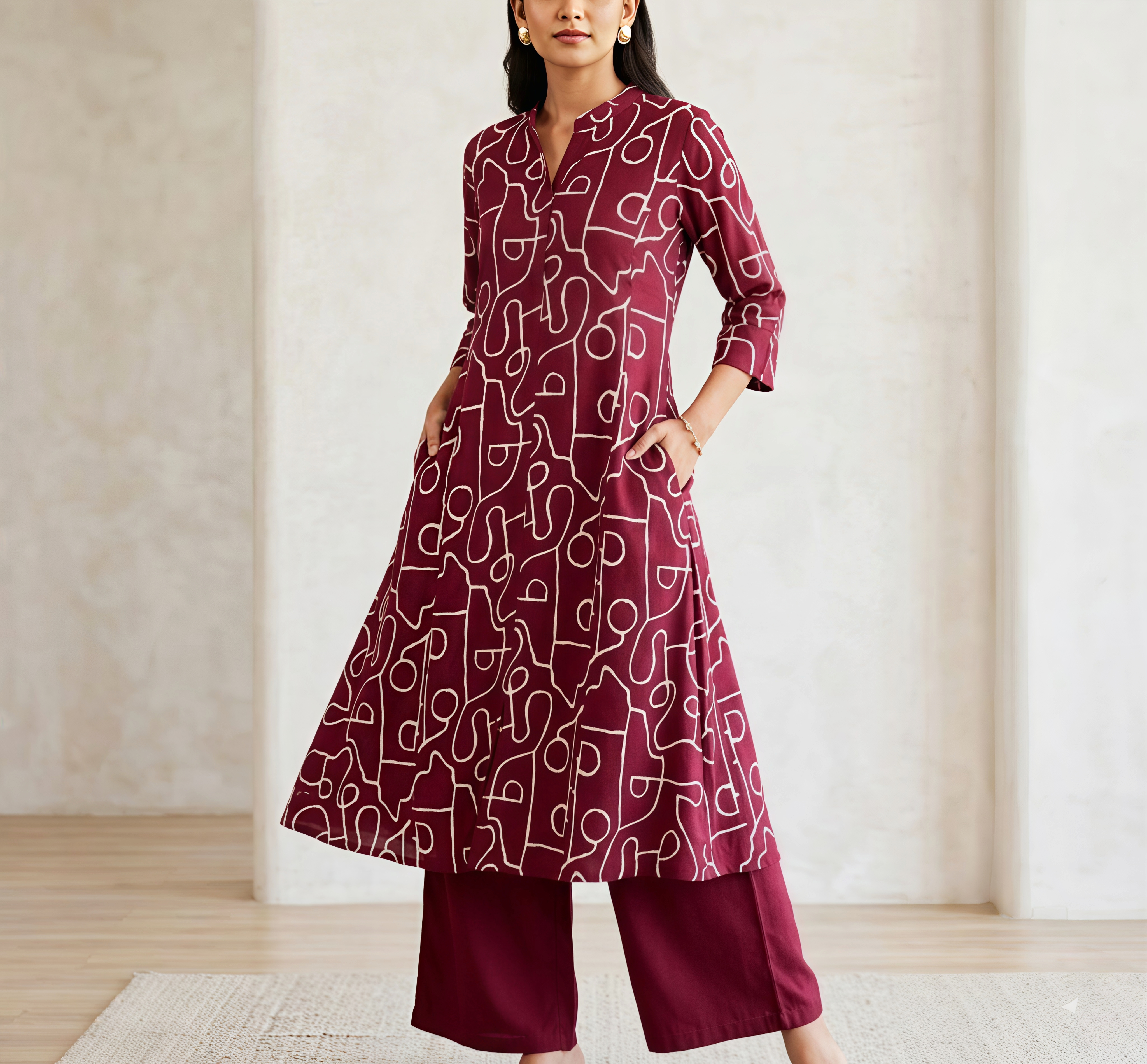 Deep Wine/Rani Cotton Co-ord Set: Graphic Print Kurta & Palazzo Ensemble