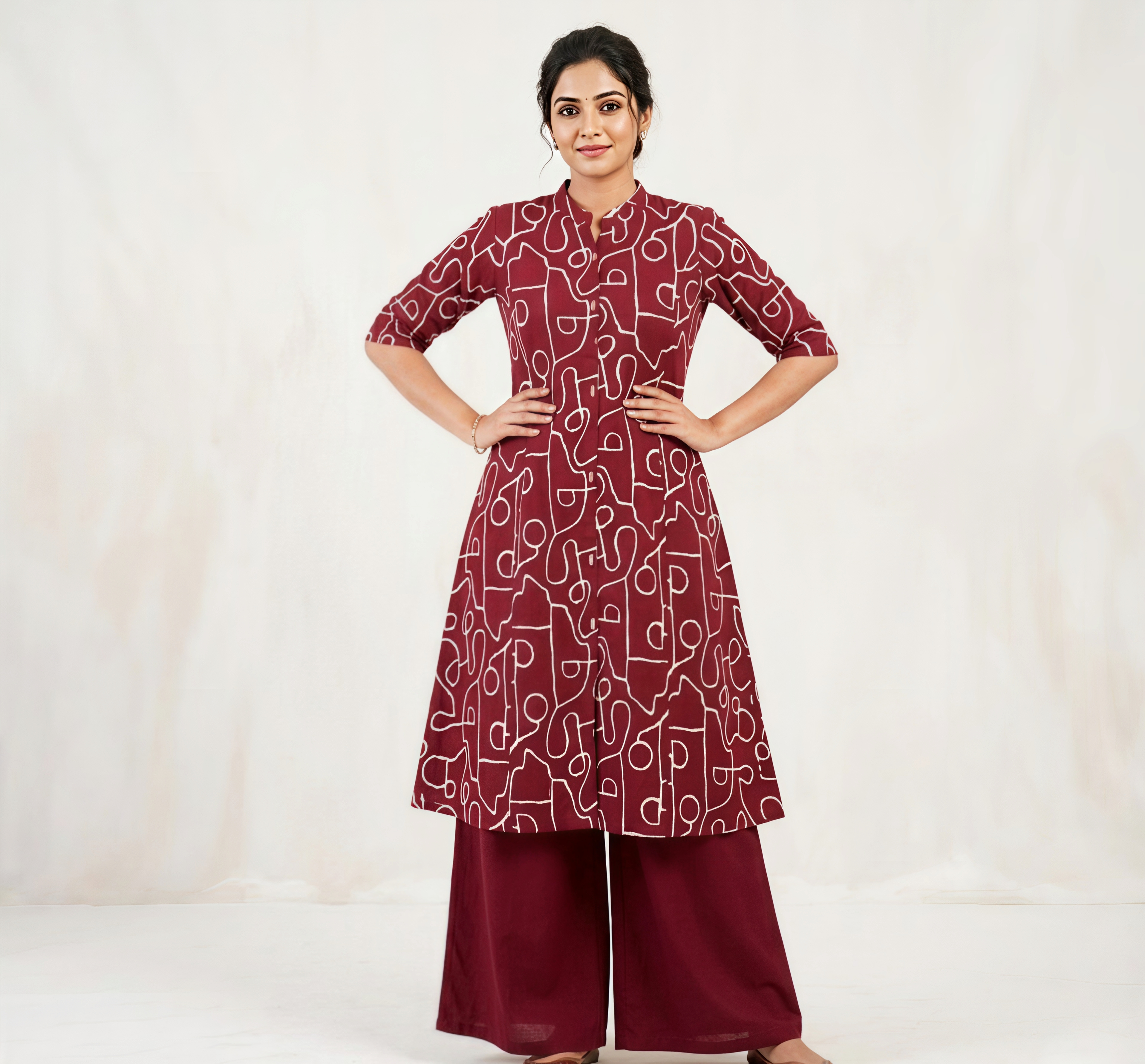 Deep Wine/Rani Cotton Co-ord Set: Graphic Print Kurta & Palazzo Ensemble