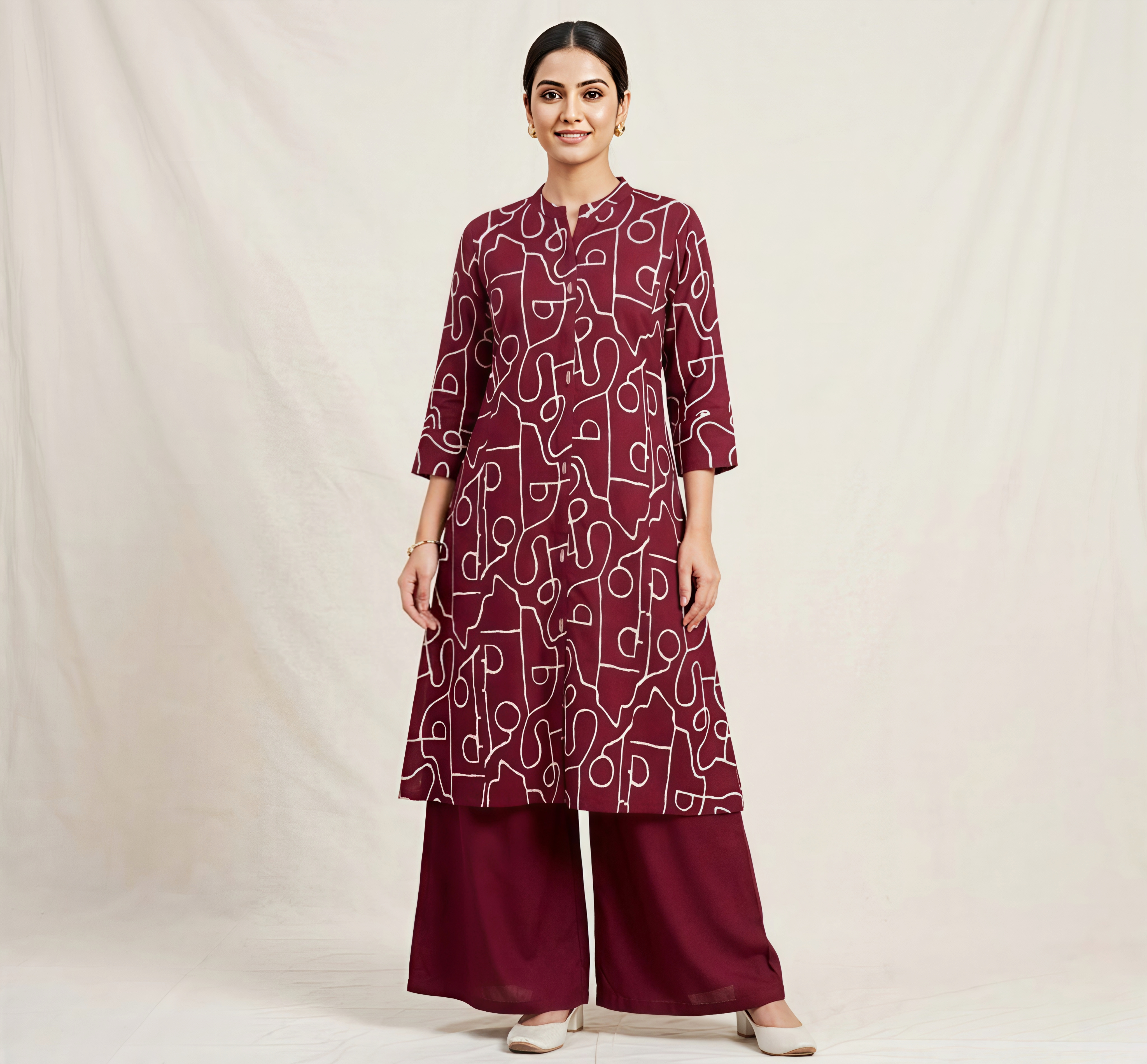 Deep Wine/Rani Cotton Co-ord Set: Graphic Print Kurta & Palazzo Ensemble
