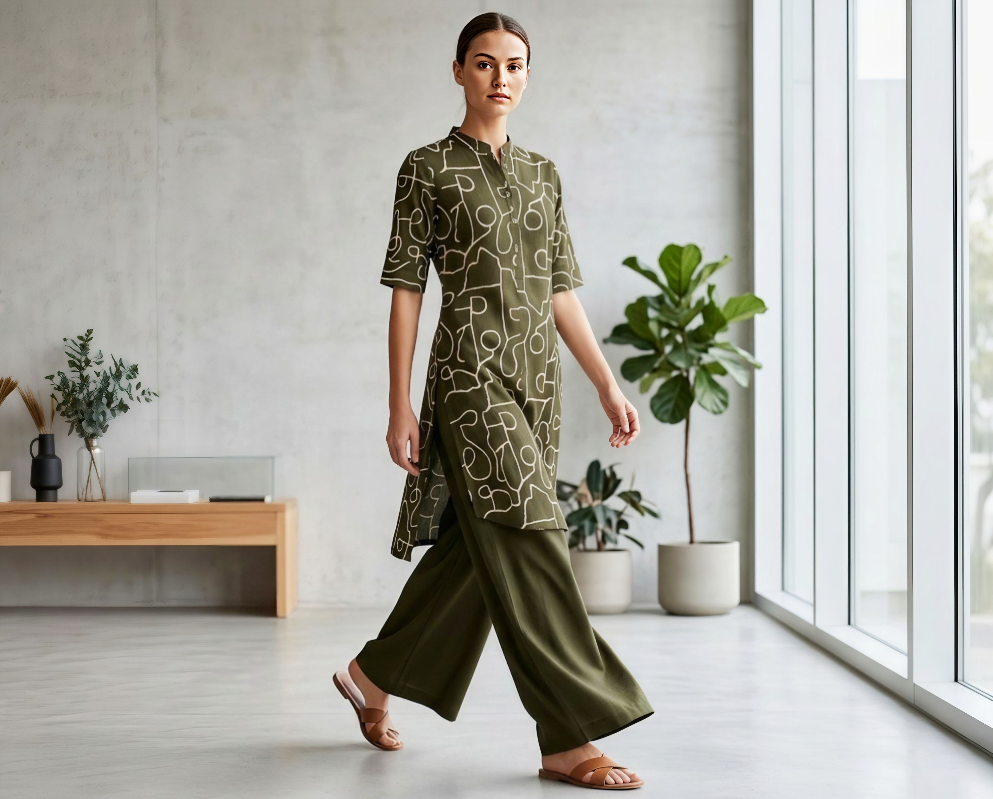 Olive Green Abstract Print Kurti with Matching Palazzo Set