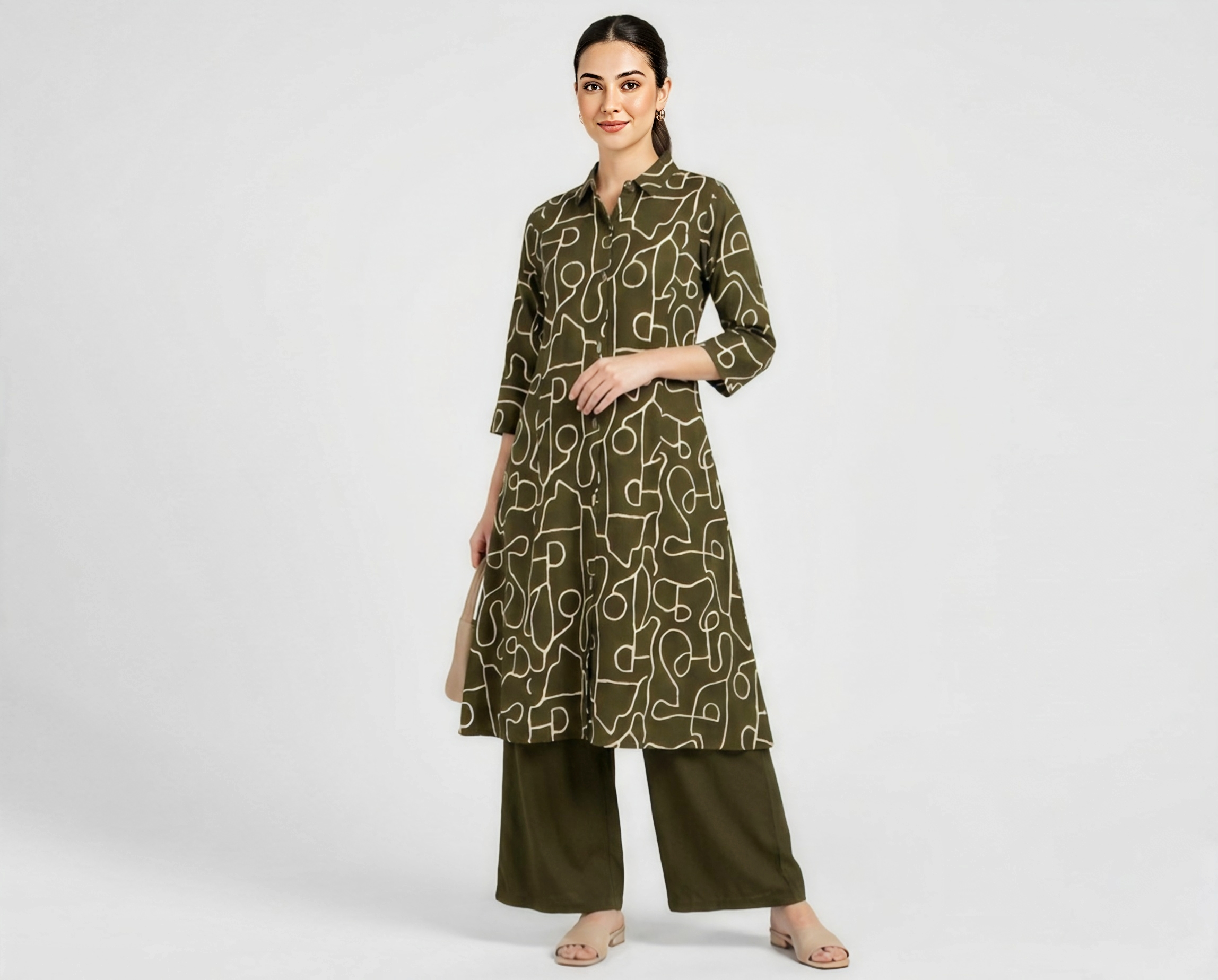 Olive Green Abstract Print Kurti with Matching Palazzo Set