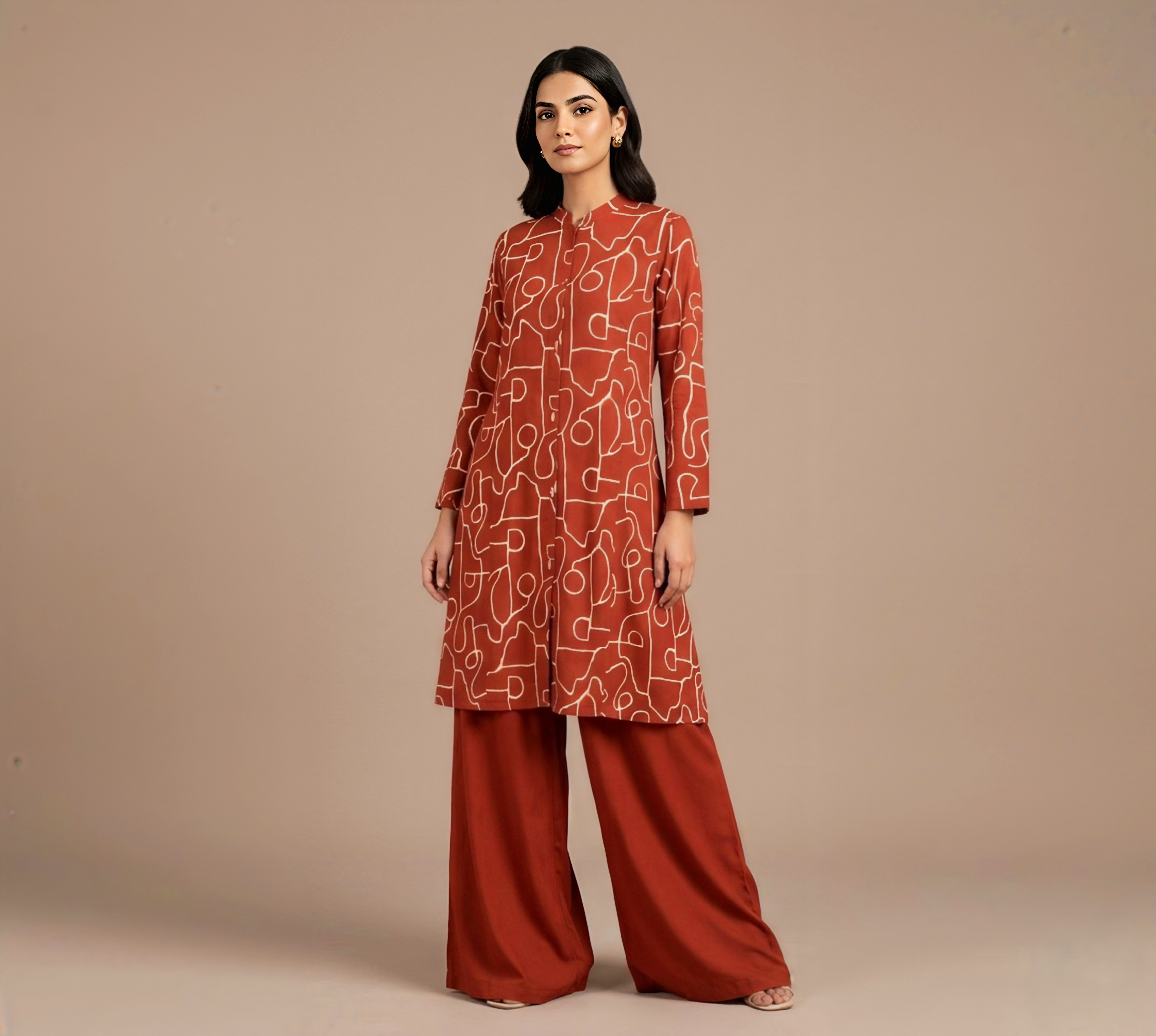 Terracotta/ Fanta Orange Printed A-Line Tunic with Wide-Leg Palazzo Pants – 2 Piece Set