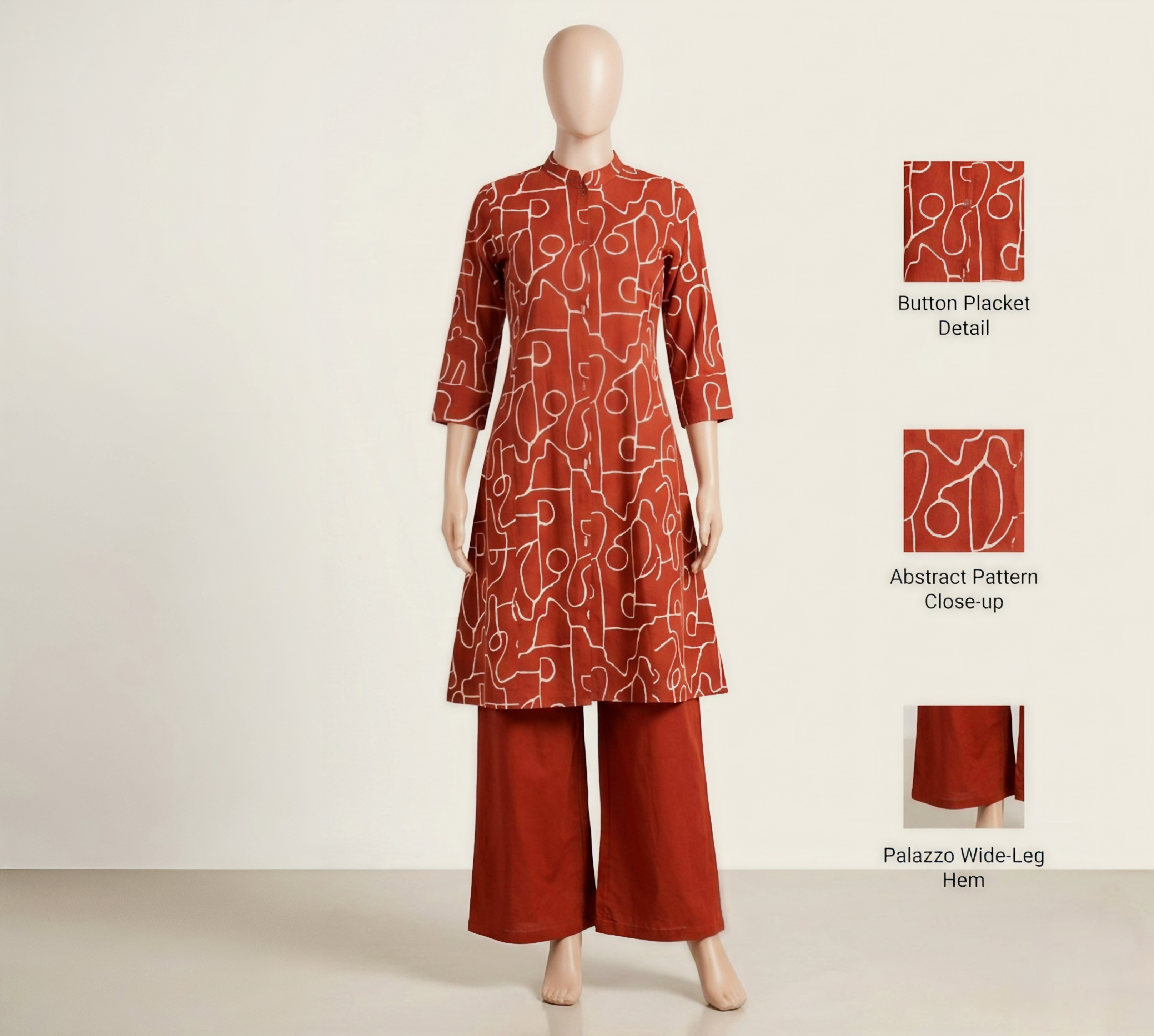Terracotta/ Fanta Orange Printed A-Line Tunic with Wide-Leg Palazzo Pants – 2 Piece Set