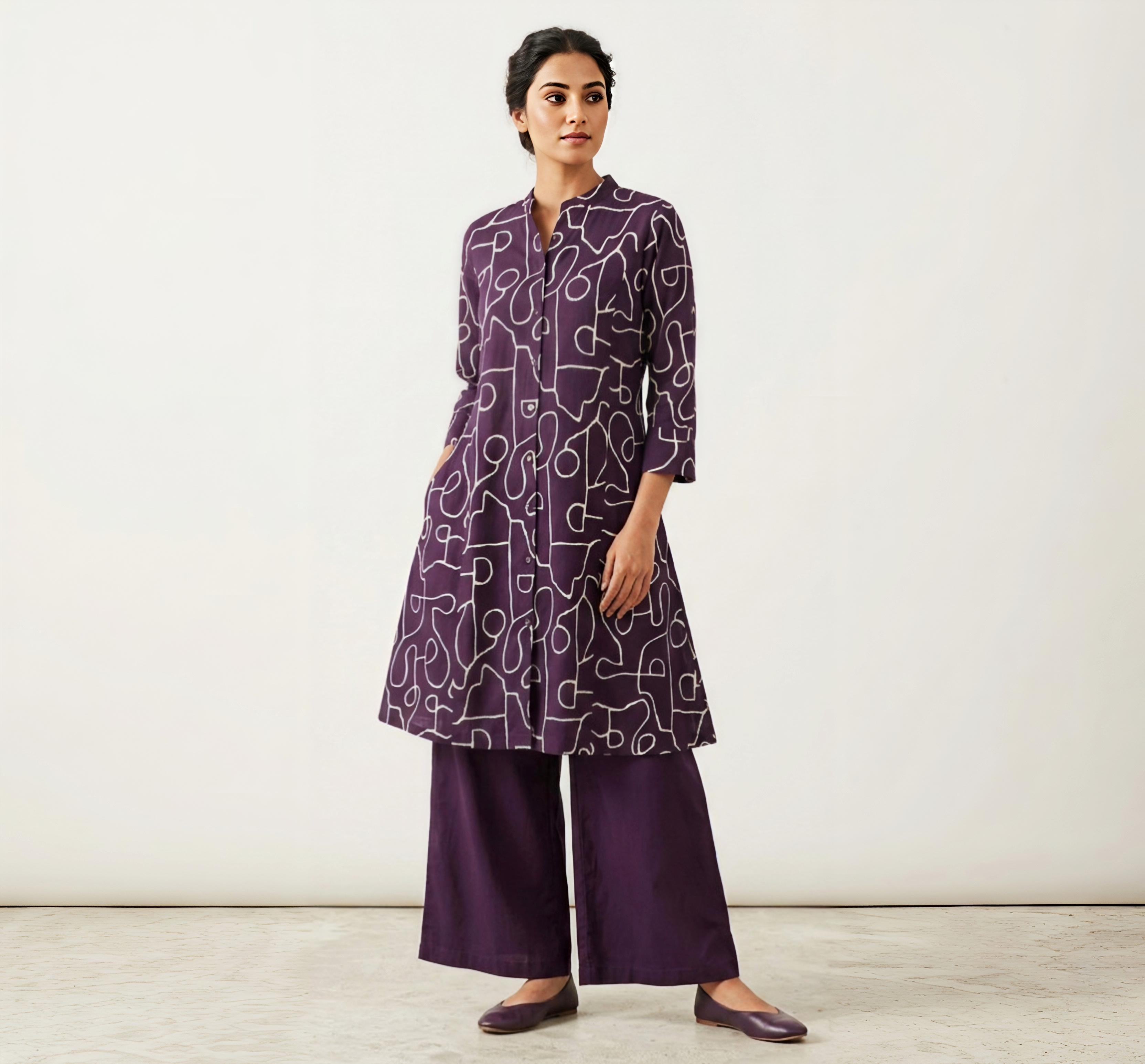 Deep Purple Abstract Print A-Line Kurti with Wide-Leg Palazzo Set – 2 Piece Ethnic Wear