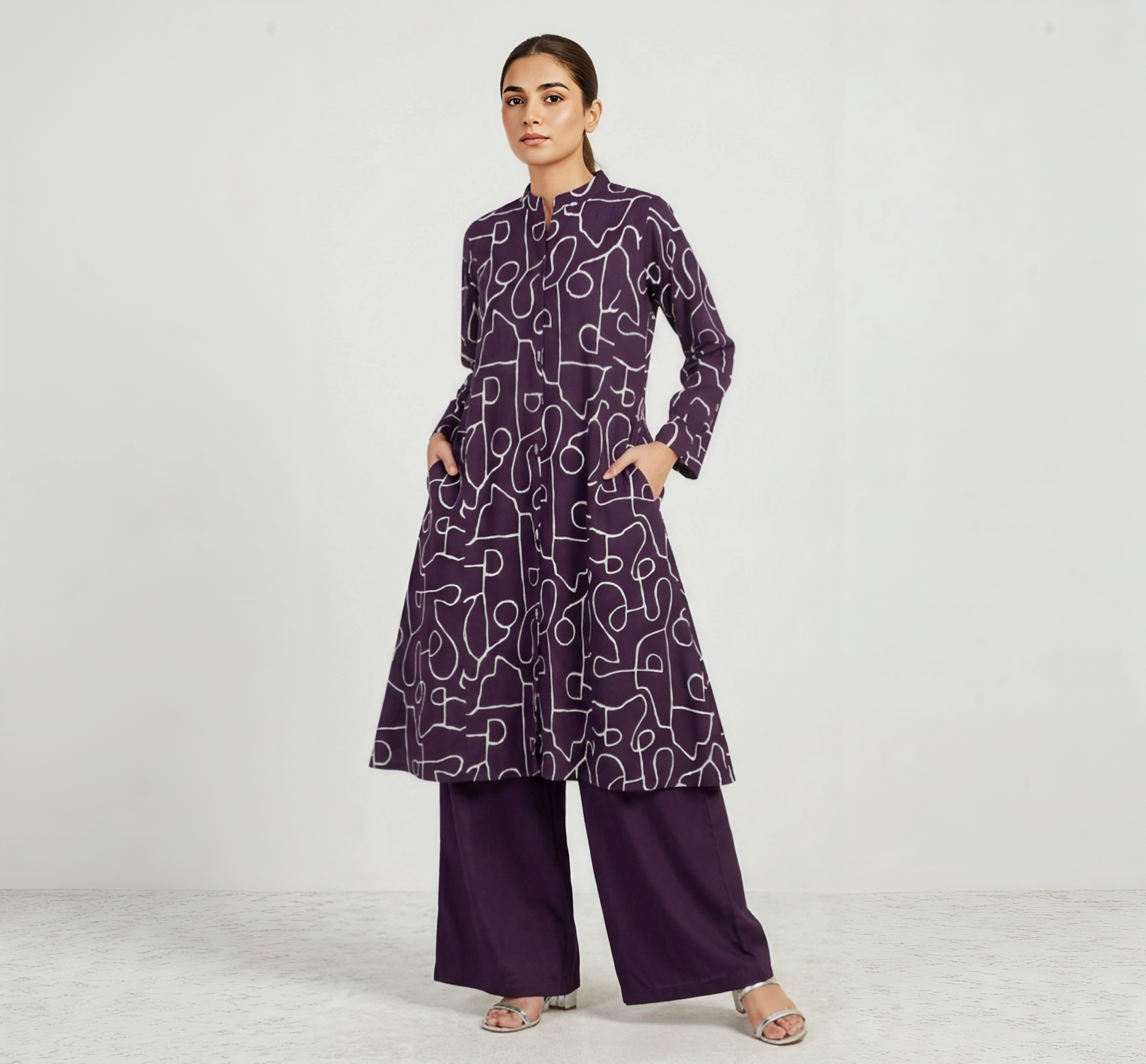 Deep Purple Abstract Print A-Line Kurti with Wide-Leg Palazzo Set – 2 Piece Ethnic Wear