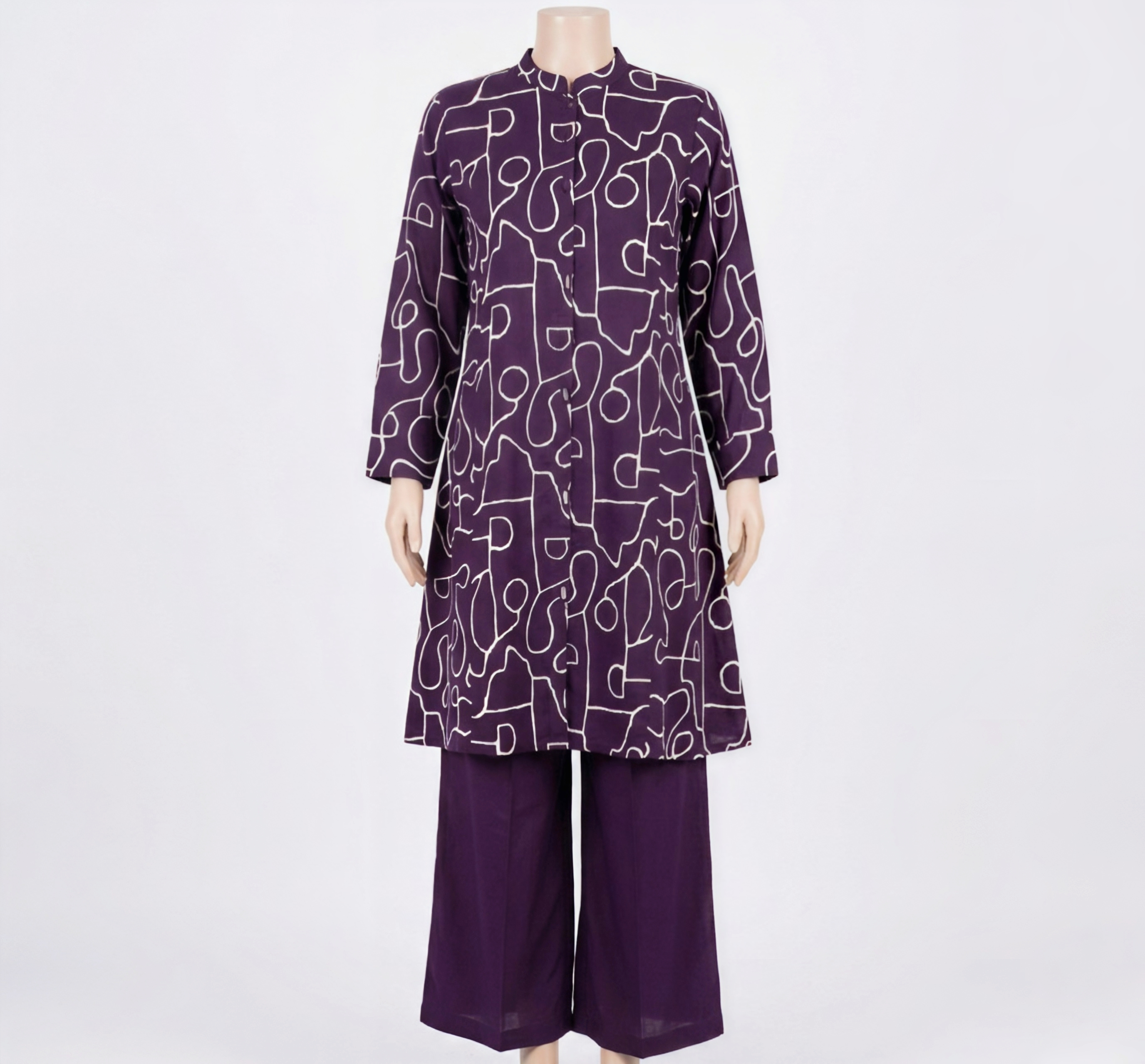 Deep Purple Abstract Print A-Line Kurti with Wide-Leg Palazzo Set – 2 Piece Ethnic Wear