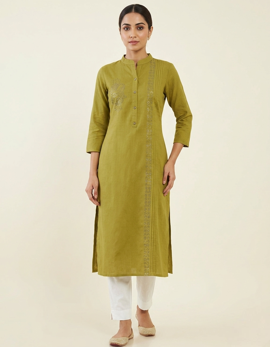 Women's Olive Green Stretchable Kurta with Asymmetric Embroidery & Pintuck Detailing