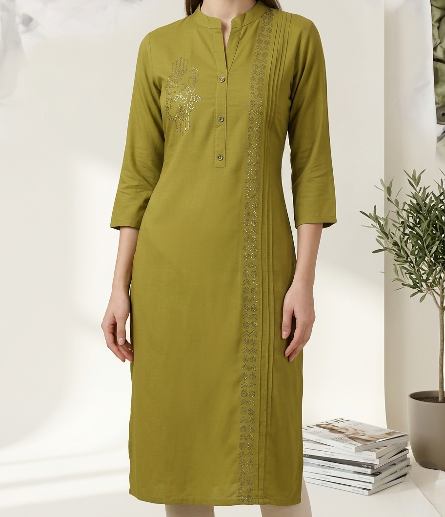 Women's Olive Green Stretchable Kurta with Asymmetric Embroidery & Pintuck Detailing