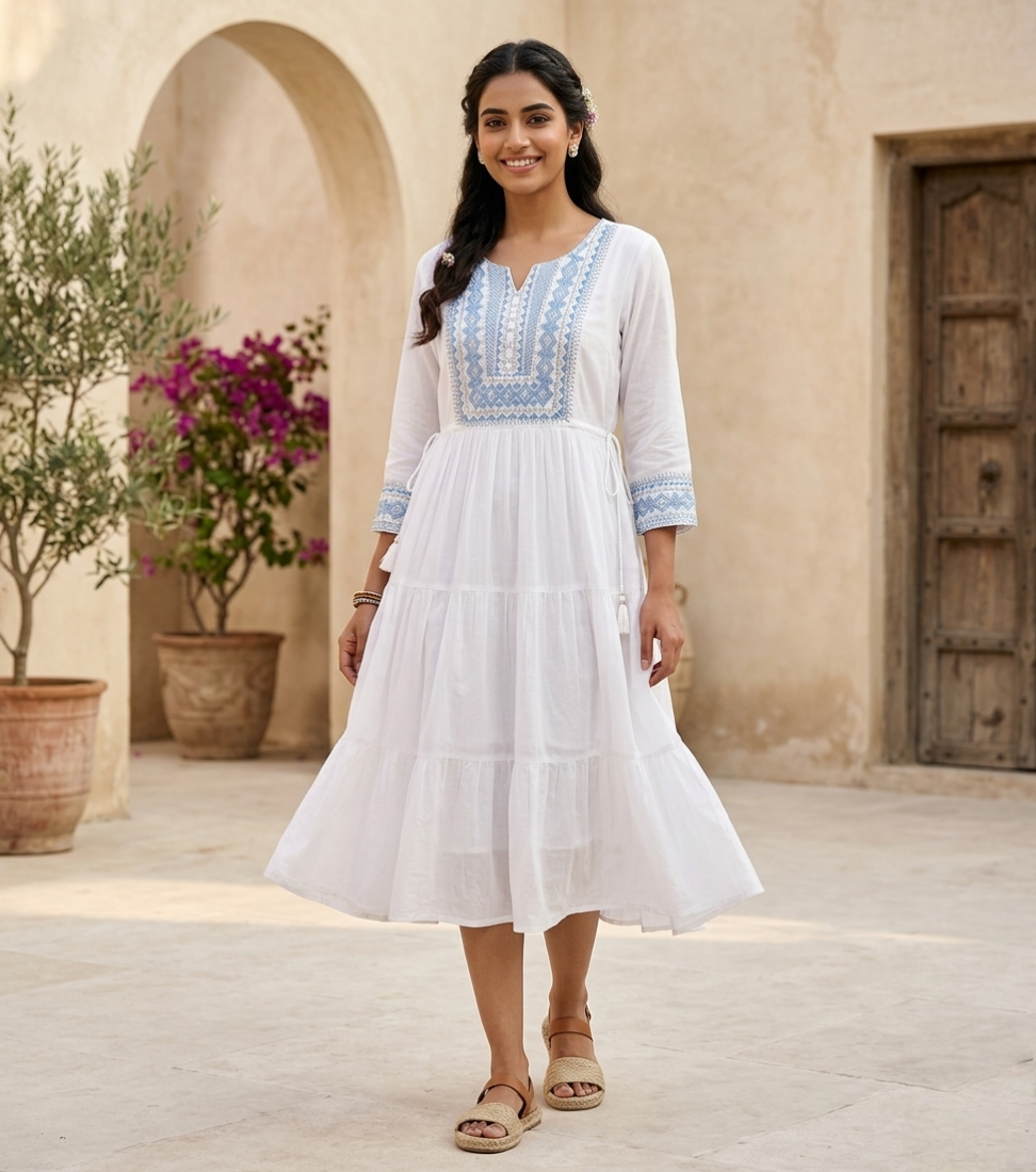 Women's White Cotton Tiered Kurti with Blue Geometric Embroidery and Tassel Drawstring