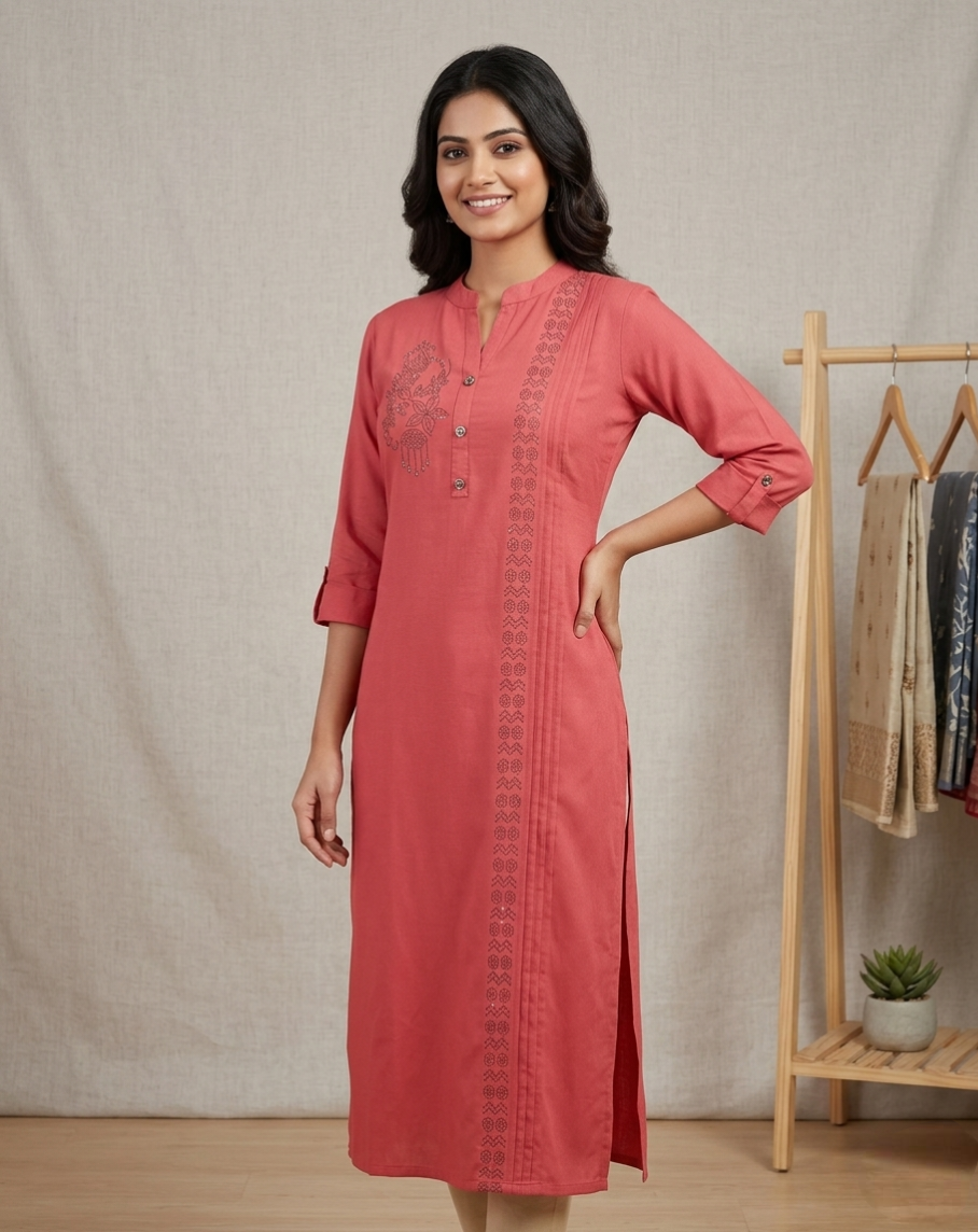 Women’s Coral Pink Stretchable Kurti with Vertical Pintuck & Floral Embroidery