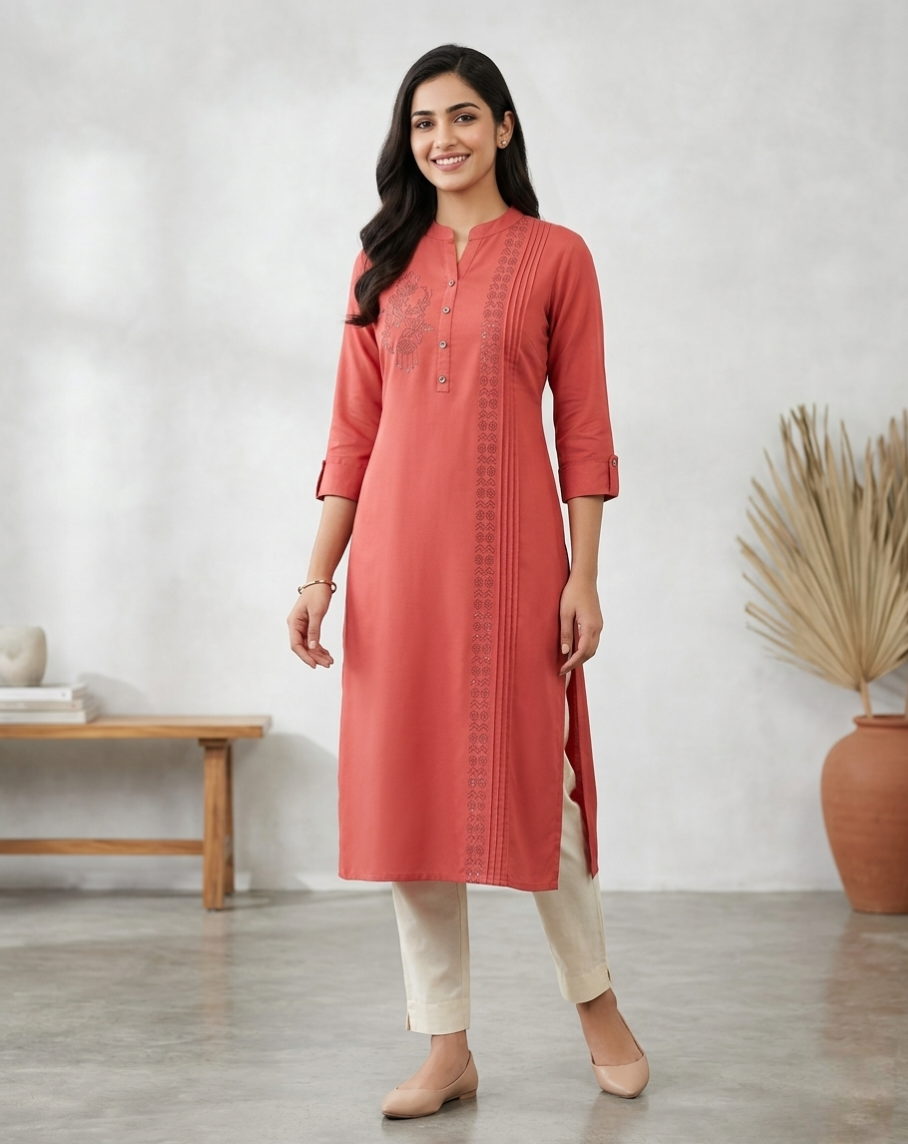 Women’s Coral Pink Stretchable Kurti with Vertical Pintuck & Floral Embroidery