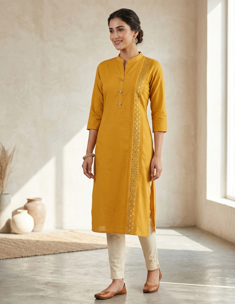Mustard Yellow Stretchable Solid Straight Kurti with Mirror Work & Pleated Detail