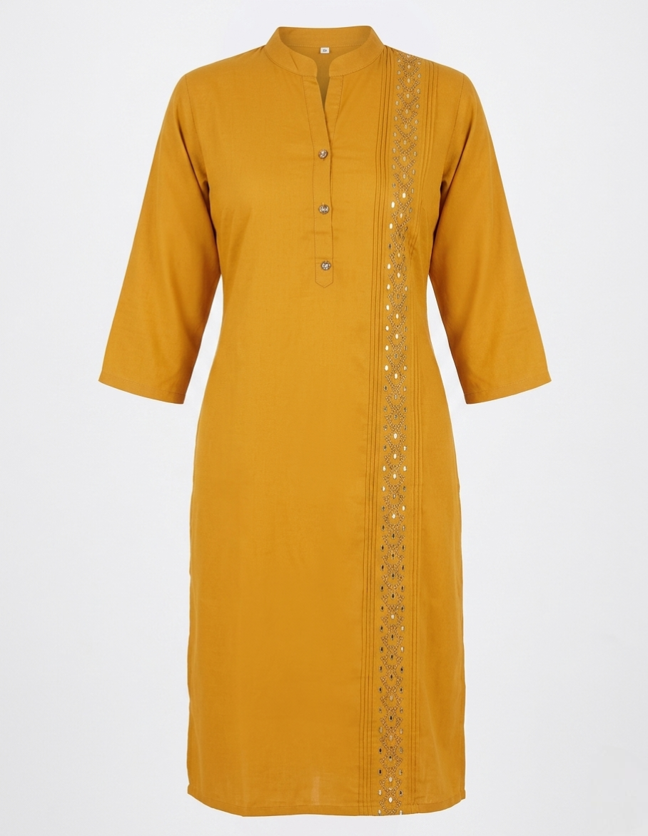Mustard Yellow Stretchable Solid Straight Kurti with Mirror Work & Pleated Detail
