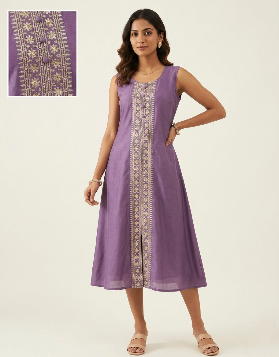 Mauve Chanderi Silk Sleeveless (Optional Sleev) Kurti with Gold Floral Zari Embroidery