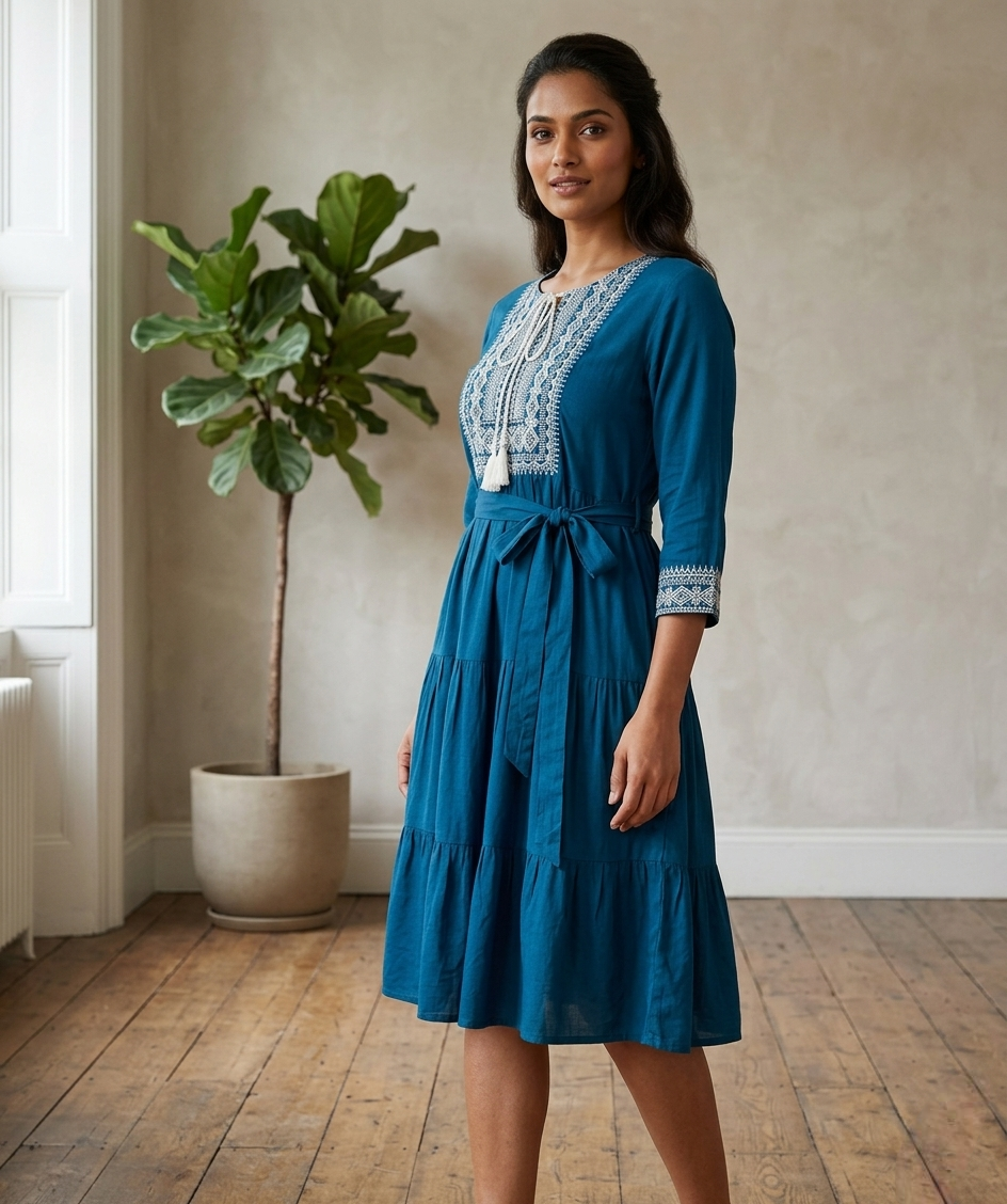 Teal Blue Embroidered Tiered Kurti Dress with Tassel Tie-Up