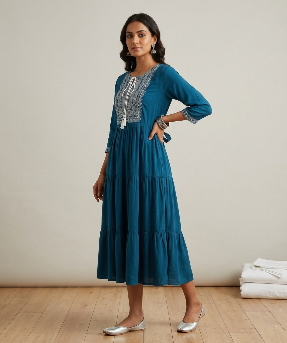 Teal Blue Embroidered Tiered Kurti Dress with Tassel Tie-Up
