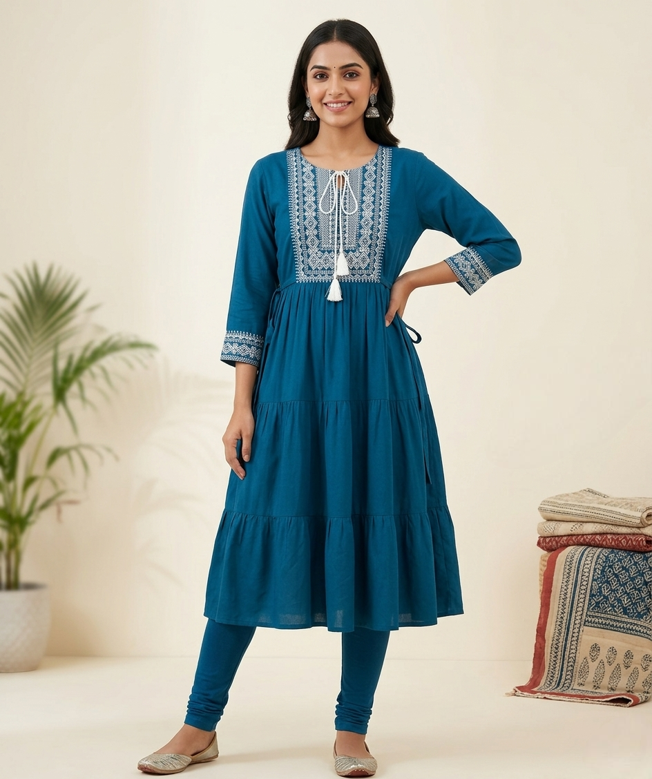 Teal Blue Embroidered Tiered Kurti Dress with Tassel Tie-Up