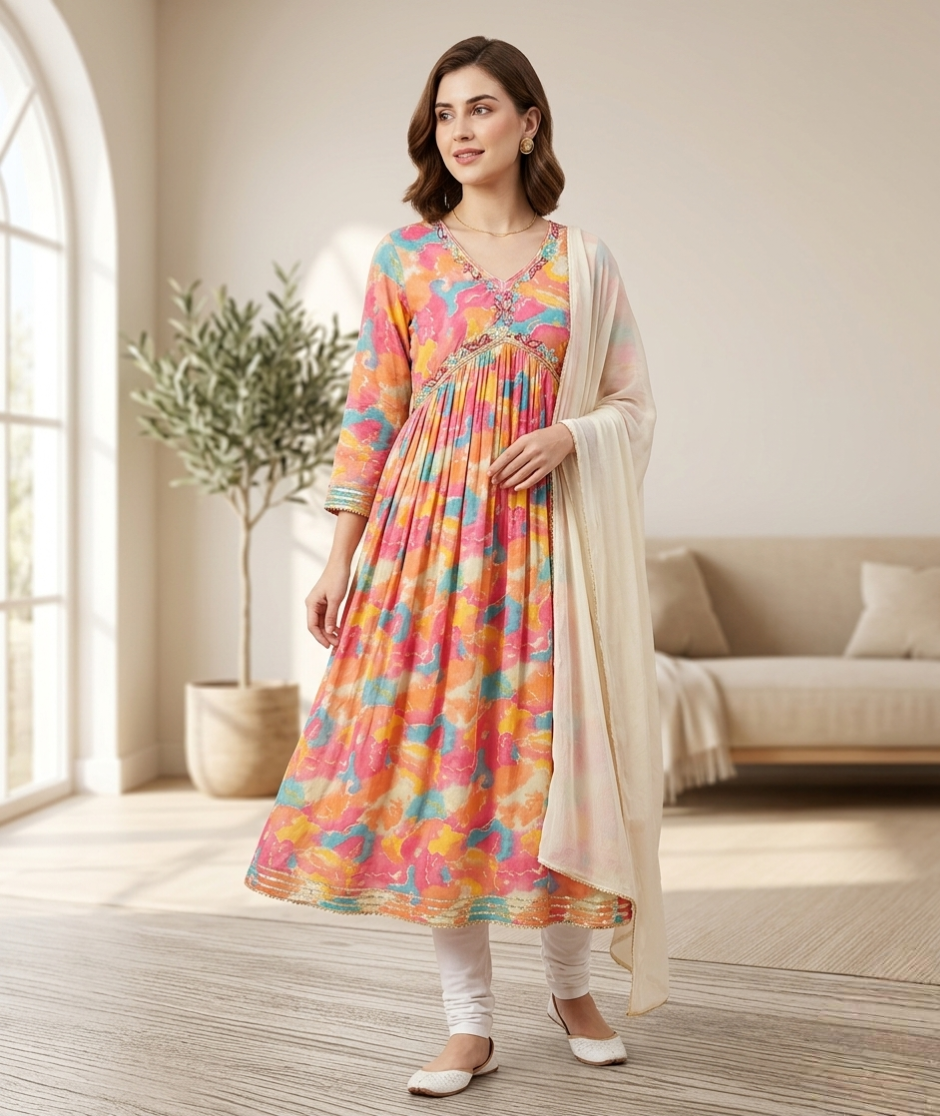 Vibrant Watercolor Muse: Hand-Embellished Empire Line Anarkali Kurti in Premium Crepe