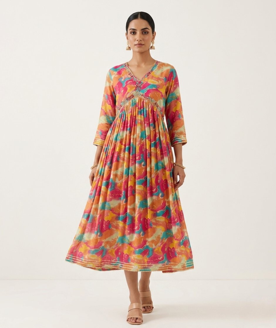 Vibrant Watercolor Muse: Hand-Embellished Empire Line Anarkali Kurti in Premium Crepe