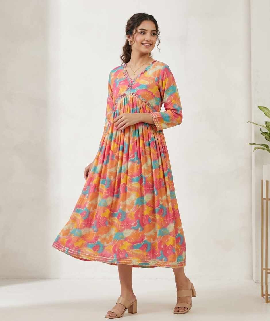 Vibrant Watercolor Muse: Hand-Embellished Empire Line Anarkali Kurti in Premium Crepe