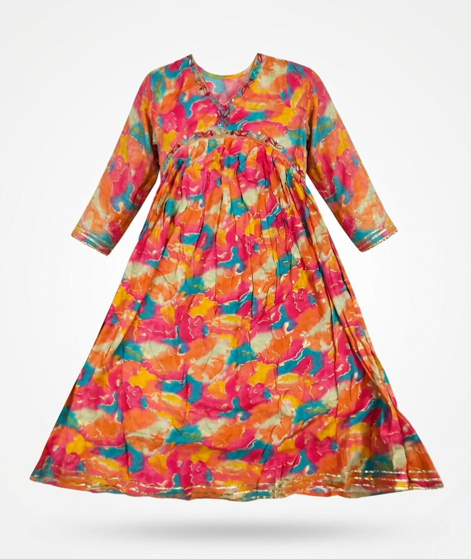 Vibrant Watercolor Muse: Hand-Embellished Empire Line Anarkali Kurti in Premium Crepe