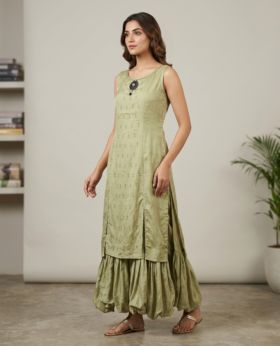 Sage Green Sleeveless Layered Kurta Set with Ruffled Sharara Hem and Medallion Detail