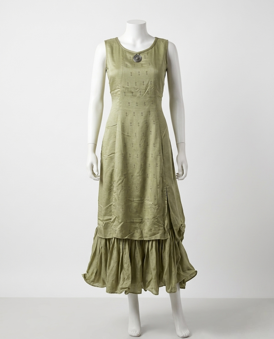Sage Green Sleeveless Layered Kurta Set with Ruffled Sharara Hem and Medallion Detail