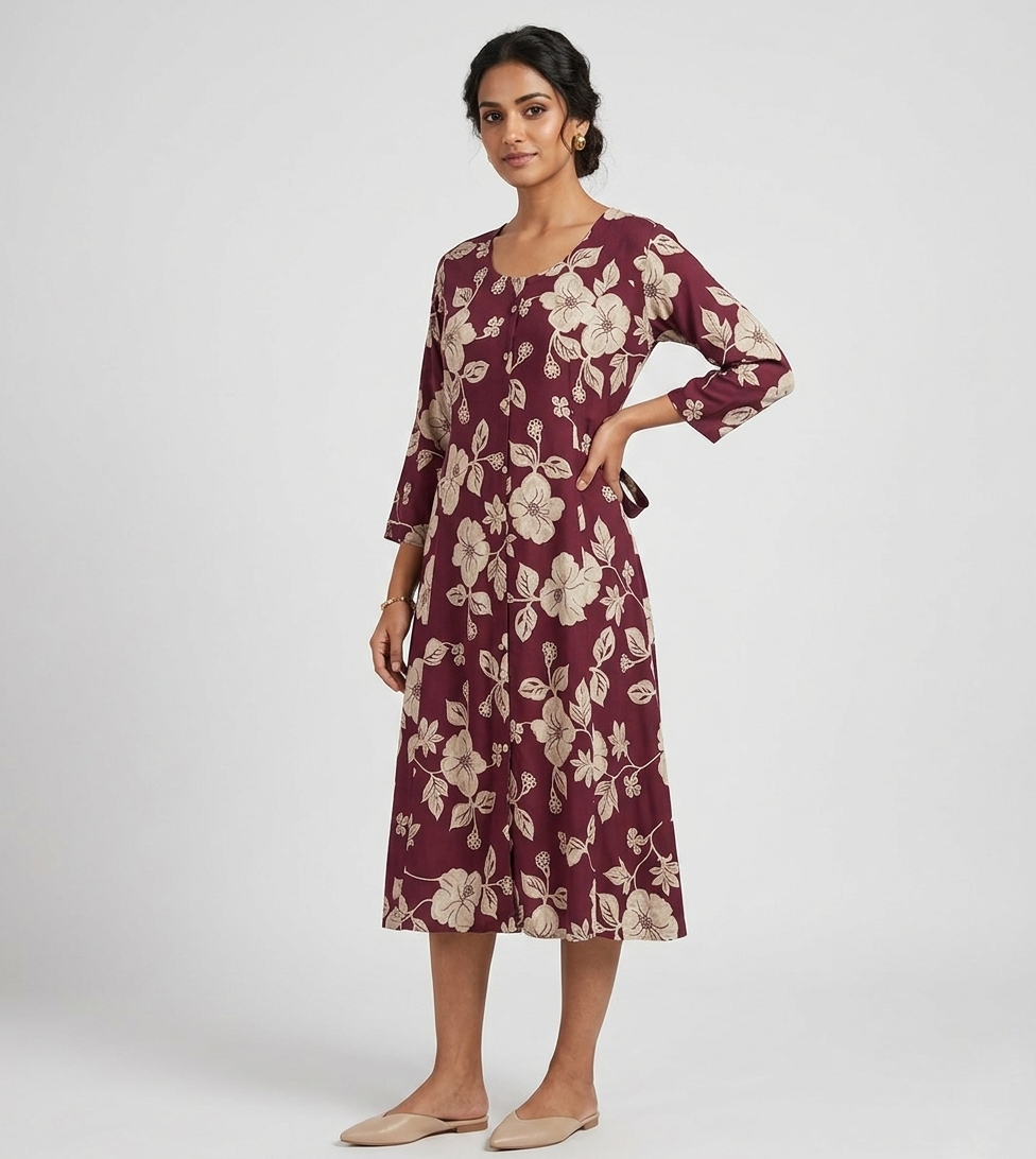 Women’s Maroon Floral Print Rayon A-Line Kurti with 3/4 Sleeves and Round Neck