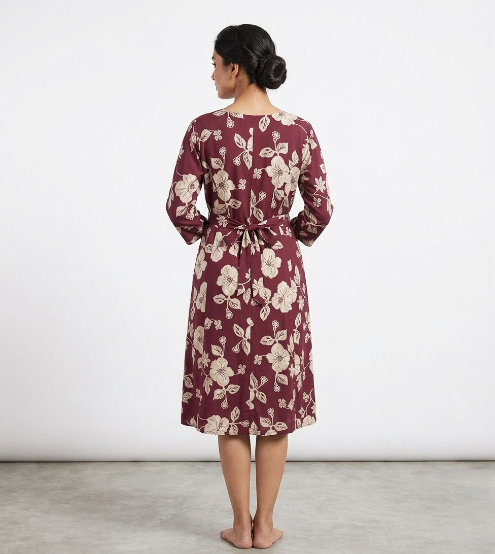 Women’s Maroon Floral Print Rayon A-Line Kurti with 3/4 Sleeves and Round Neck