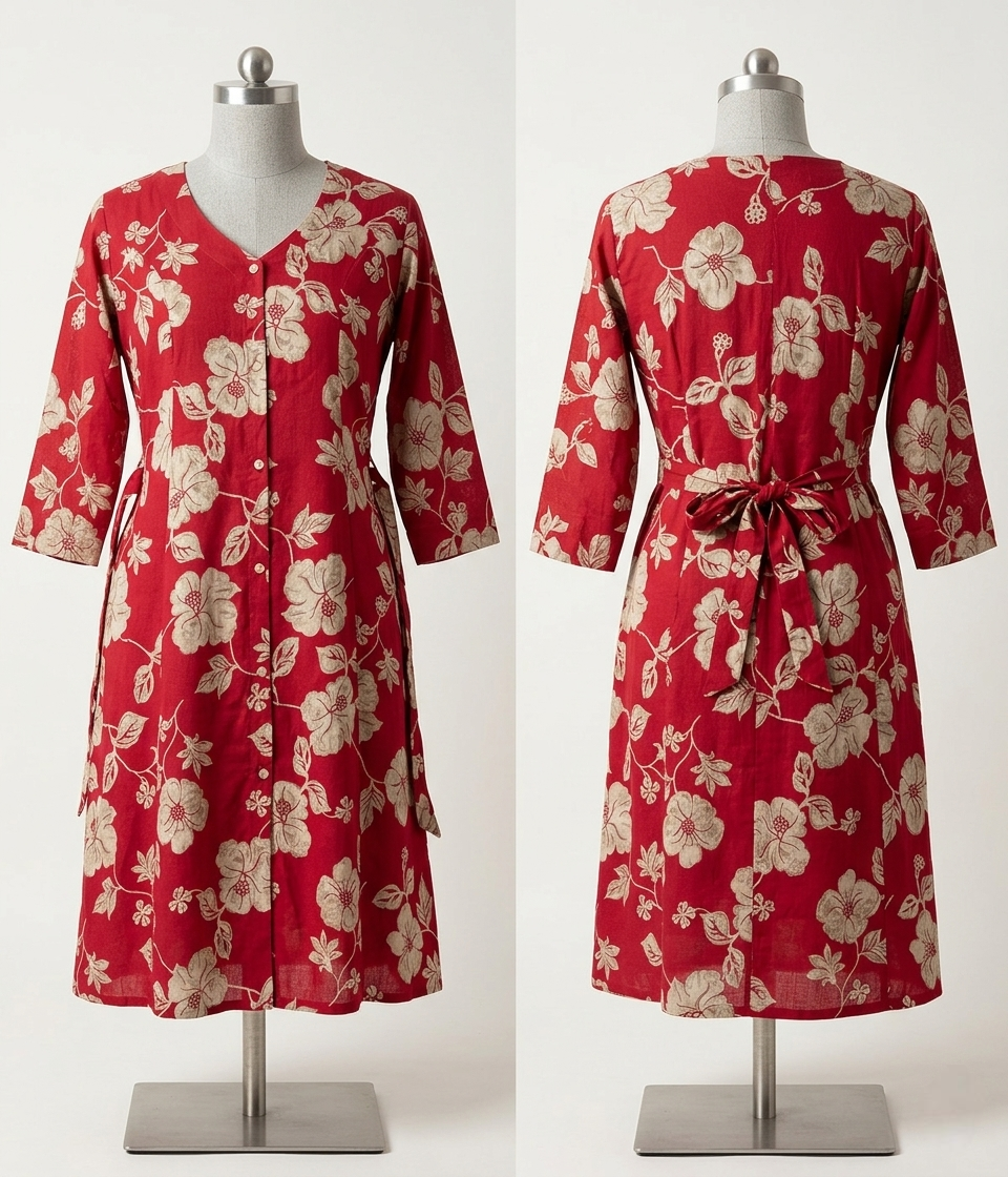 Women's Red Floral Print Cotton A-Line Kurti with Front Buttons