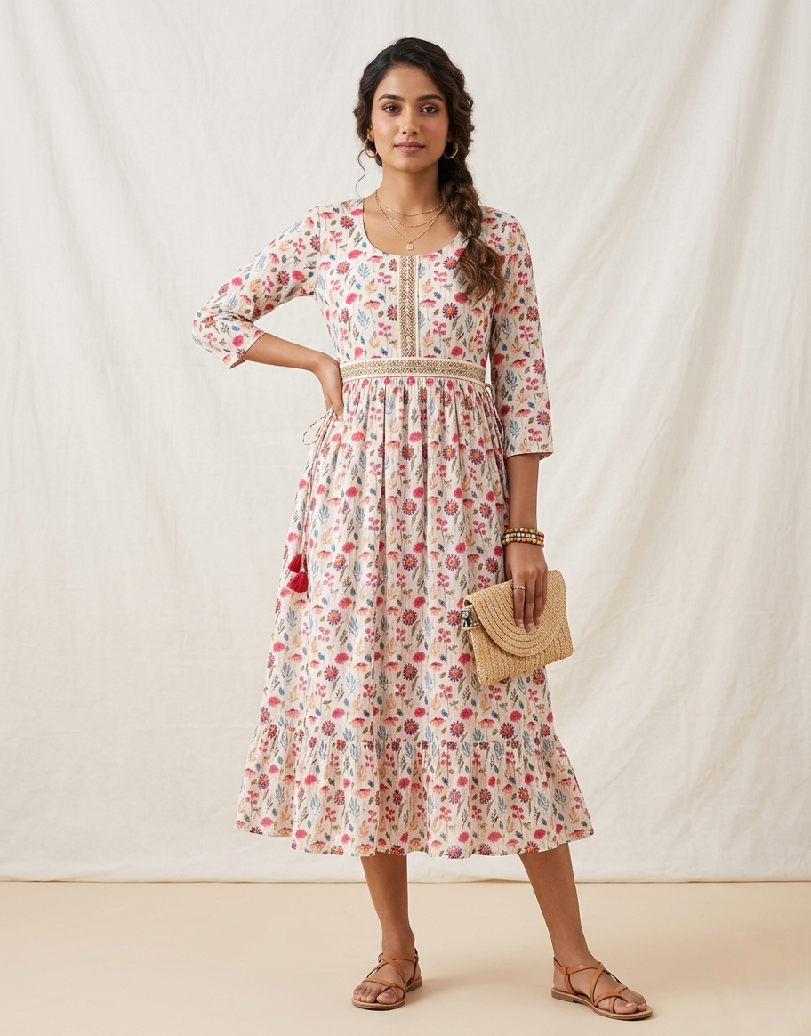 Women's Off-White Floral Print Cotton Anarkali Kurti with Tiered Hem and Tassel Details