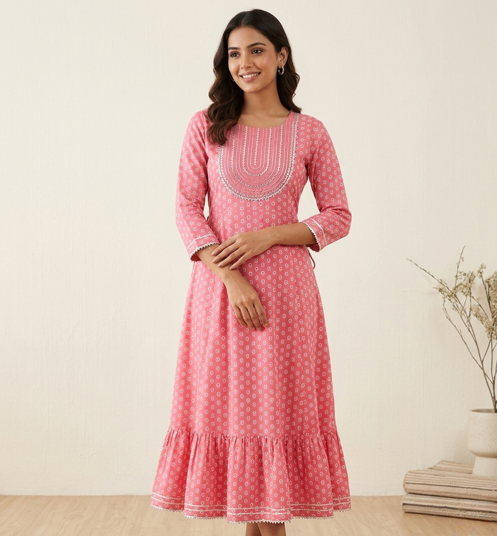 Pink Bandhani Print A-Line Cotton Kurti with Embroidered Yoke and Ruffle Hem
